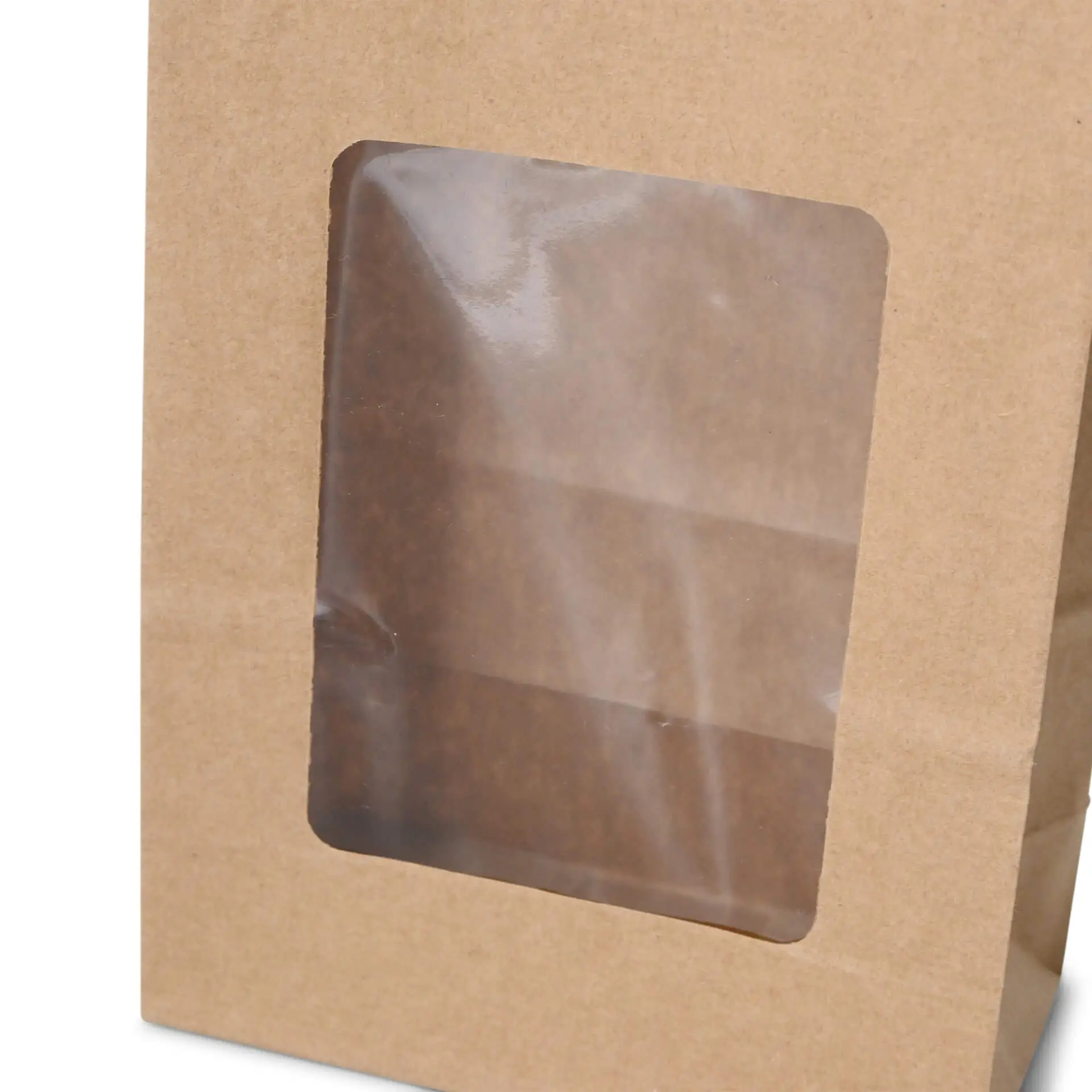 Block bottom-bags with PLA-window M, 11 x 6 x 23,5 cm, brown, kraft paper