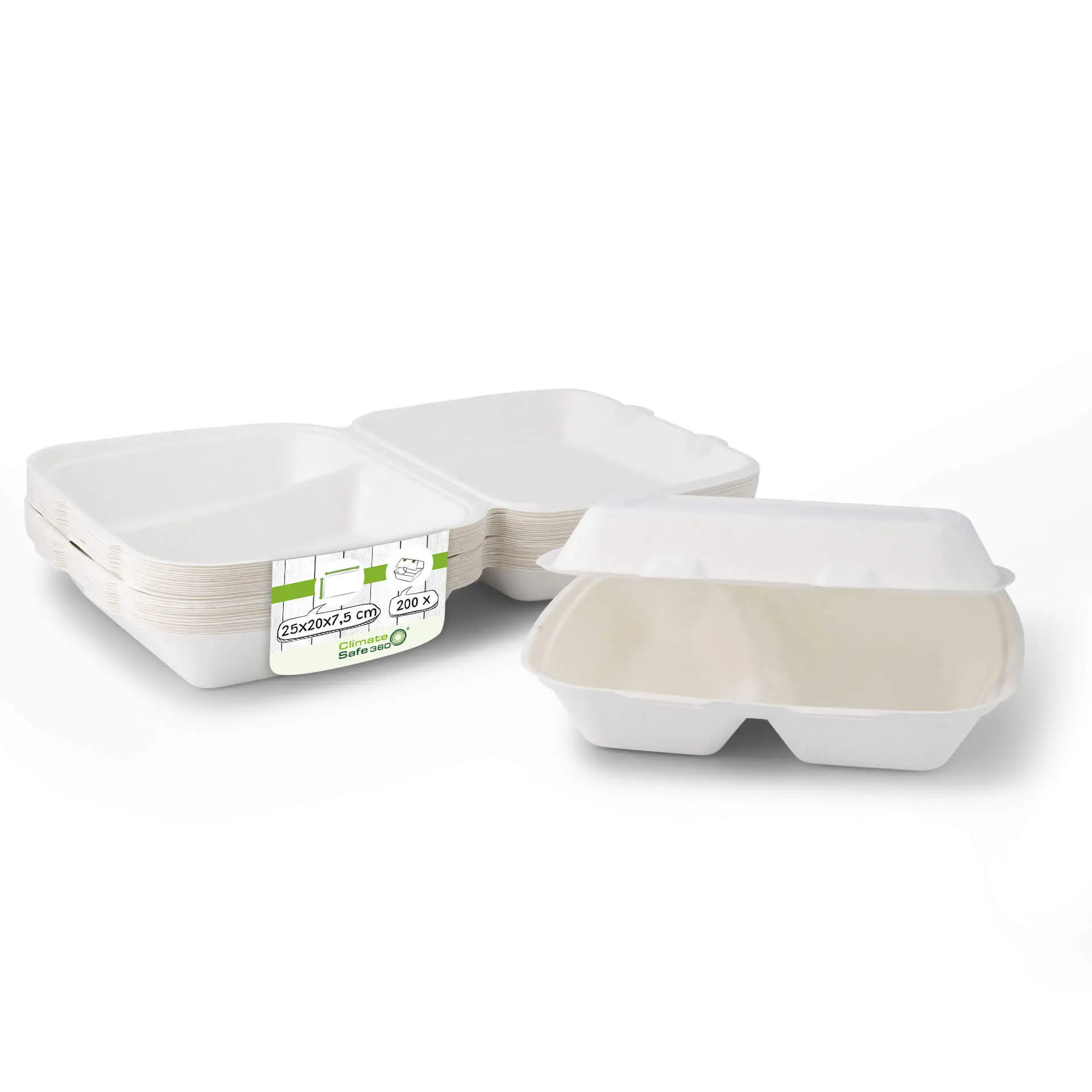 Sugarcane-menu containers 25 x 20 x 7.5 cm, 2 compartments, HP4/2,  hinged-lid, rectangular