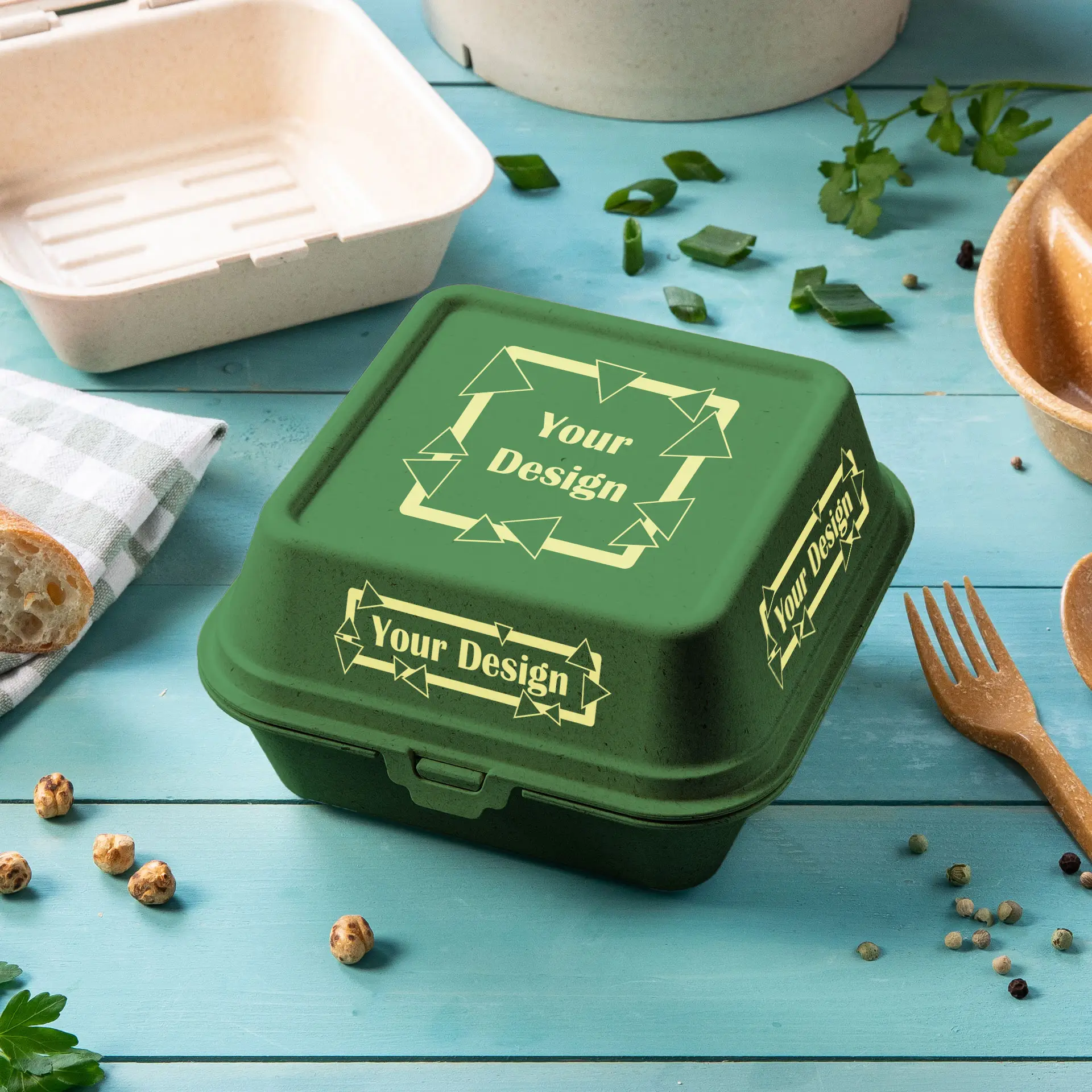 Reusable burger boxes printing "merways Box" (4 surfaces) 16 x 15 x 8.5 cm, spinach / dark green