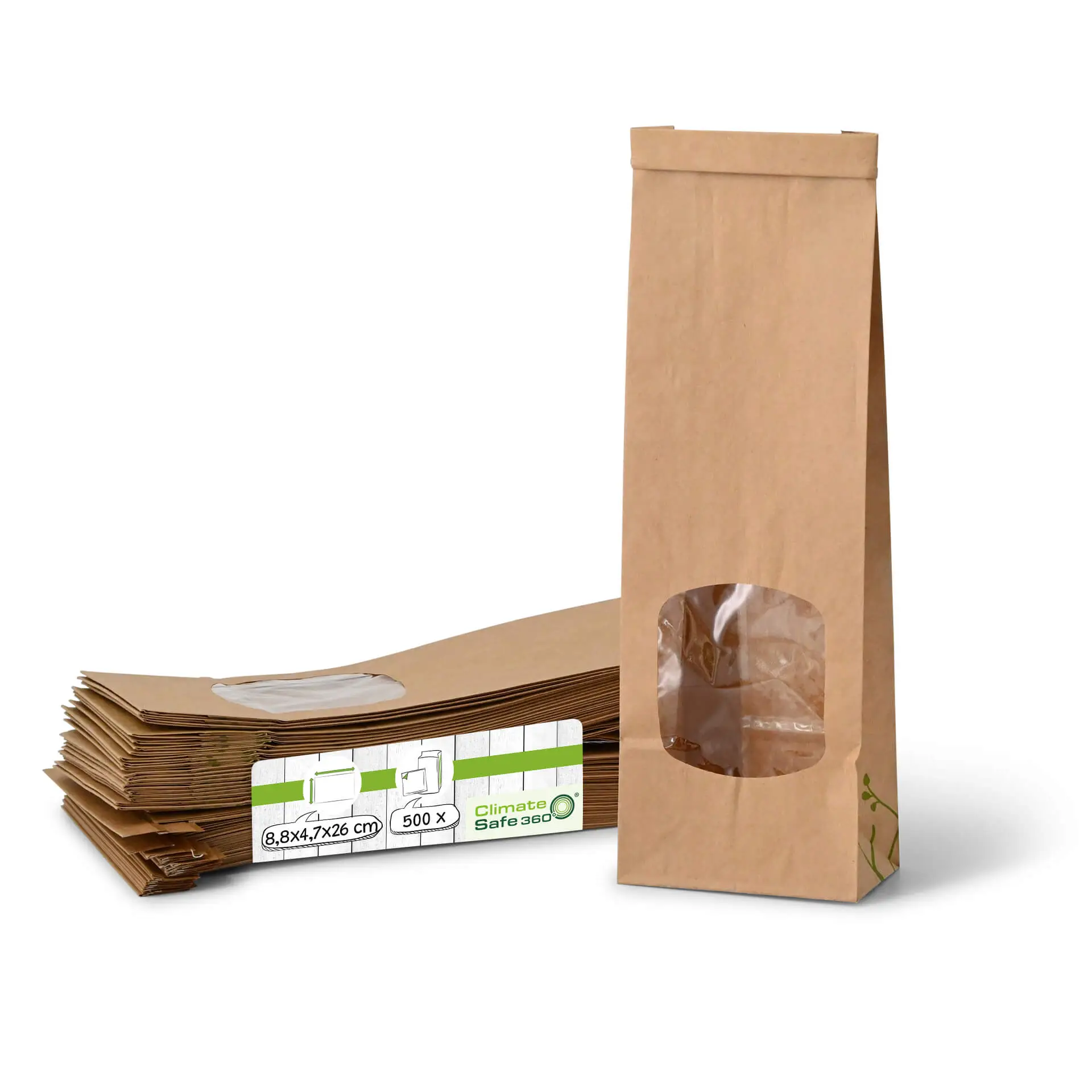 Block bottom bags with window S, 8.8 x 4.7 x 26 cm, PLA-foil, brown, tin tie, kraft paper