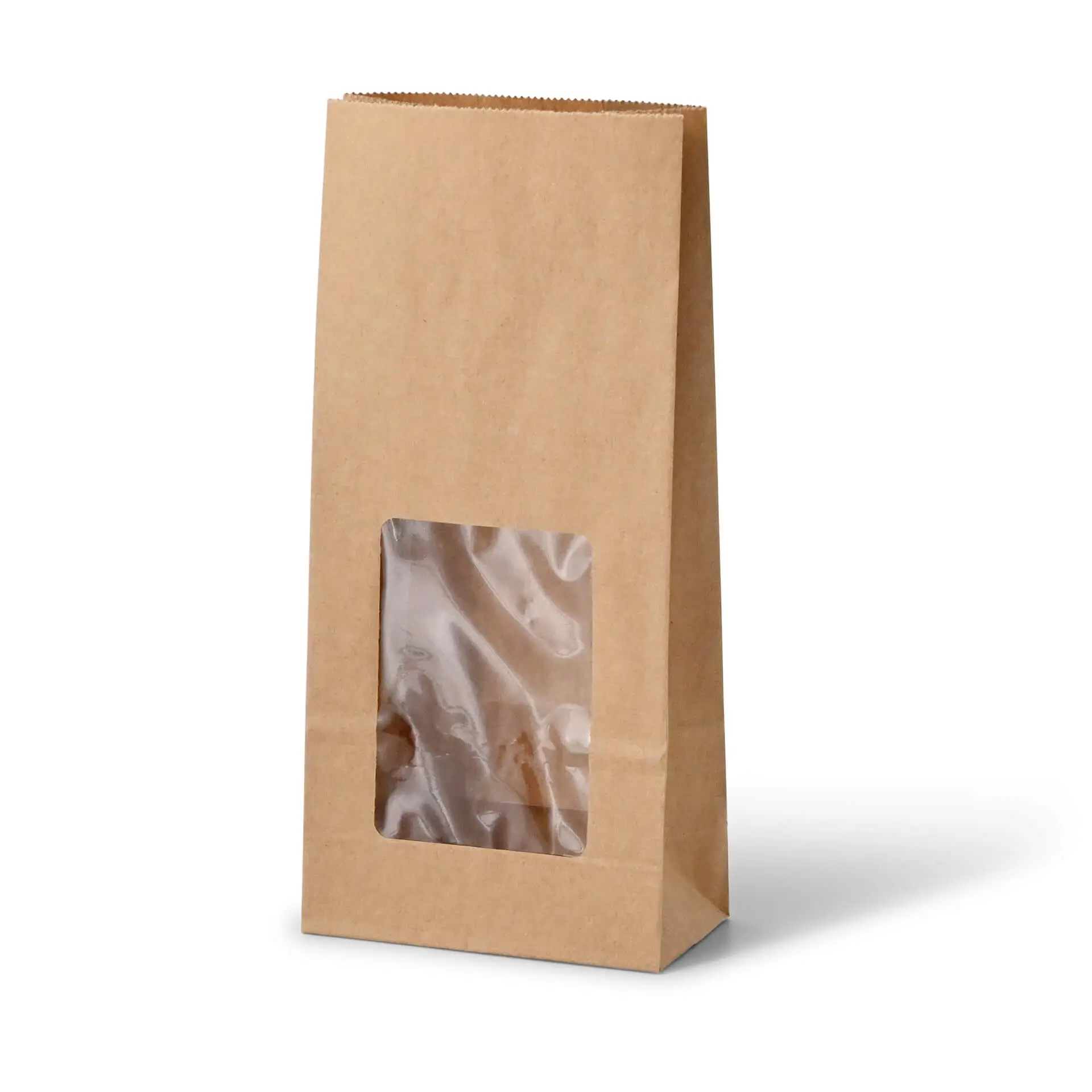 Block bottom-bags with PLA-window M, 11 x 6 x 23,5 cm, brown, kraft paper