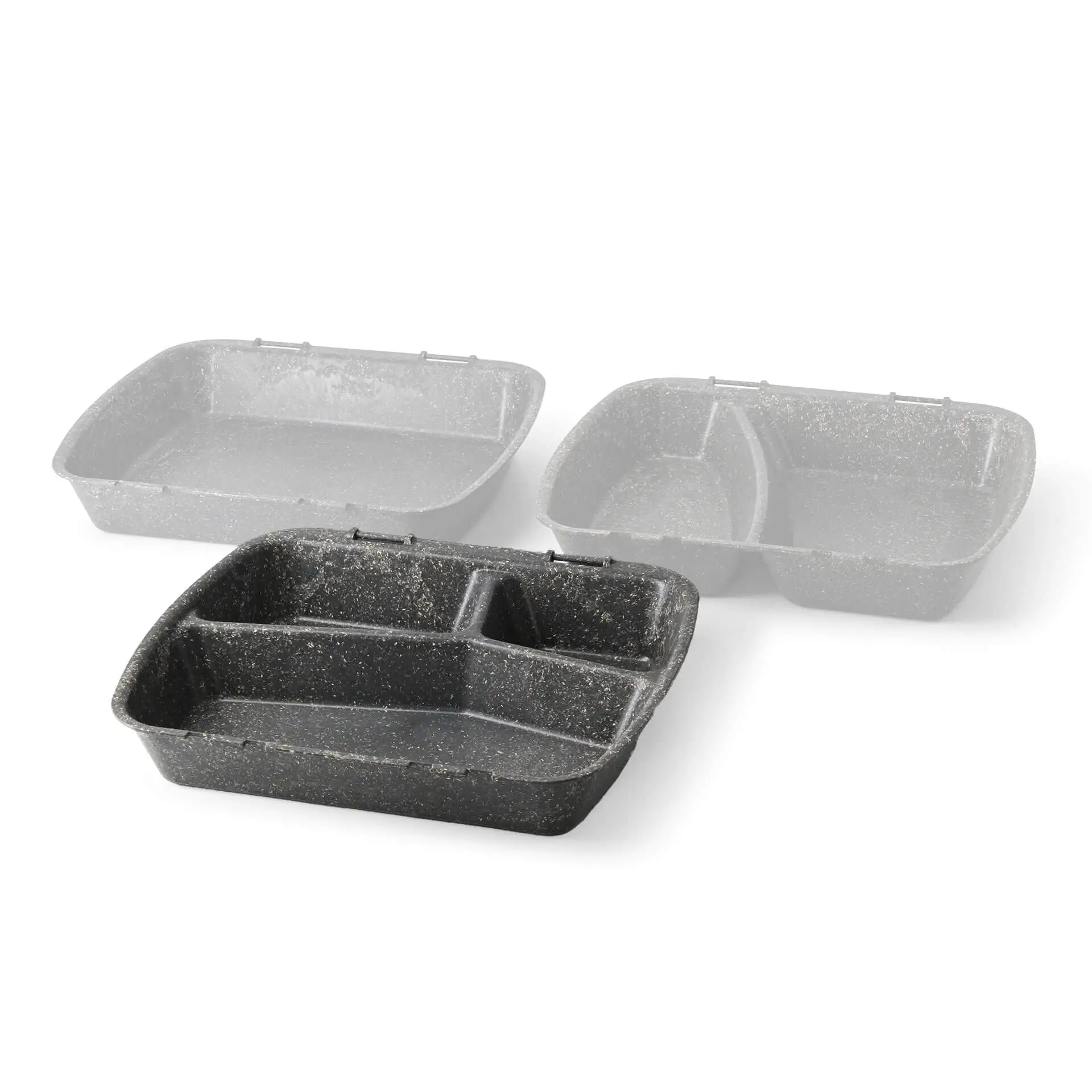 Reusable meal container "merways Box" 24.5 x 20 x 4.5 cm, 3 compartments, HP4/3, pepper / grey