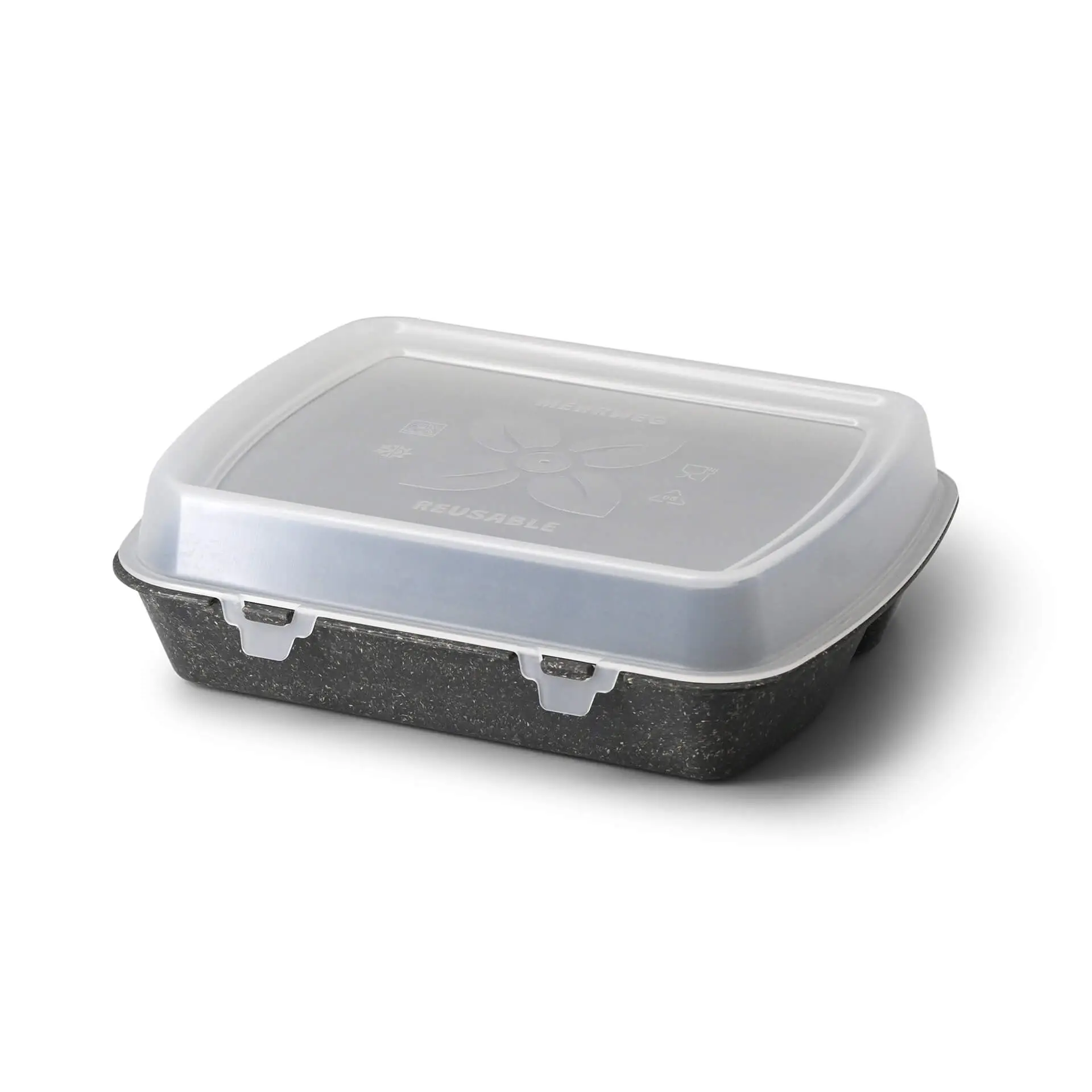 Reusable meal container "merways Box" 24.5 x 20 x 4.5 cm, 3 compartments, HP4/3, pepper / grey