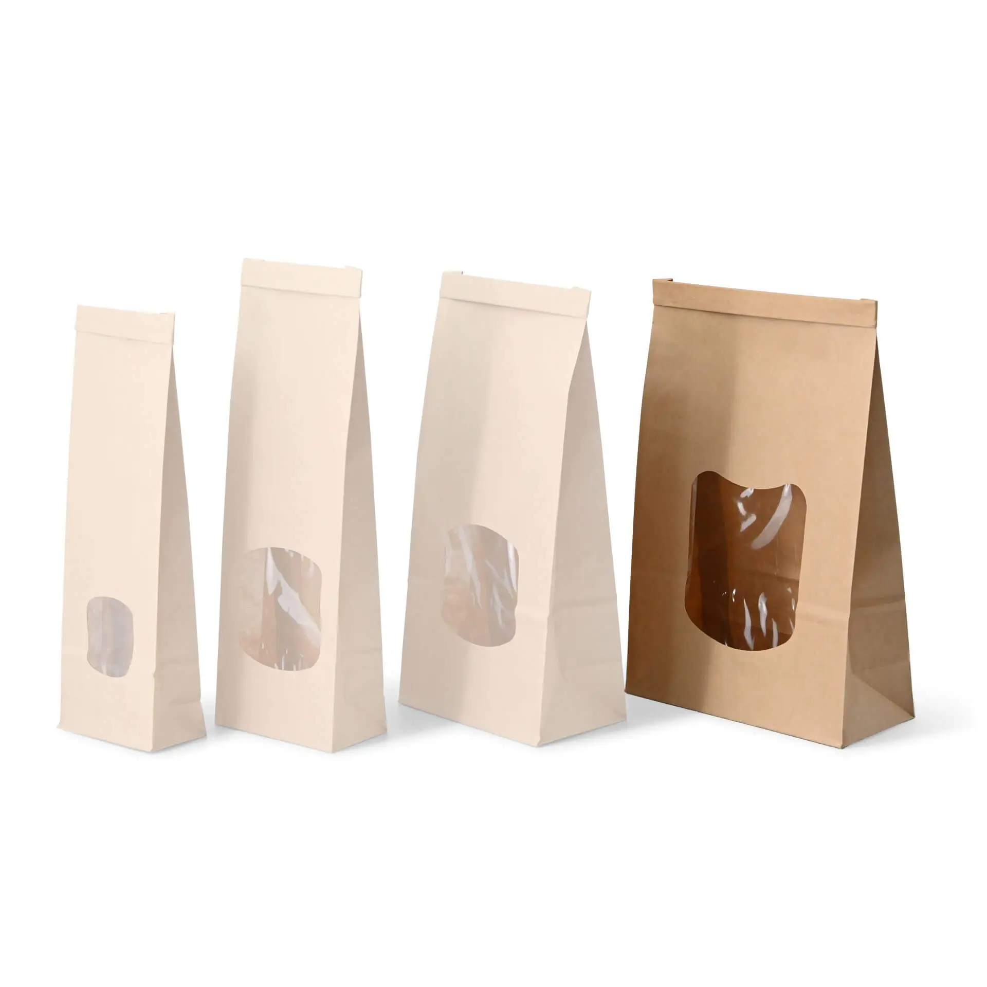 Block bottom bags with window L, 15.5 x 7 x 24 cm, PP-foil, brown, tin tie, kraft paper