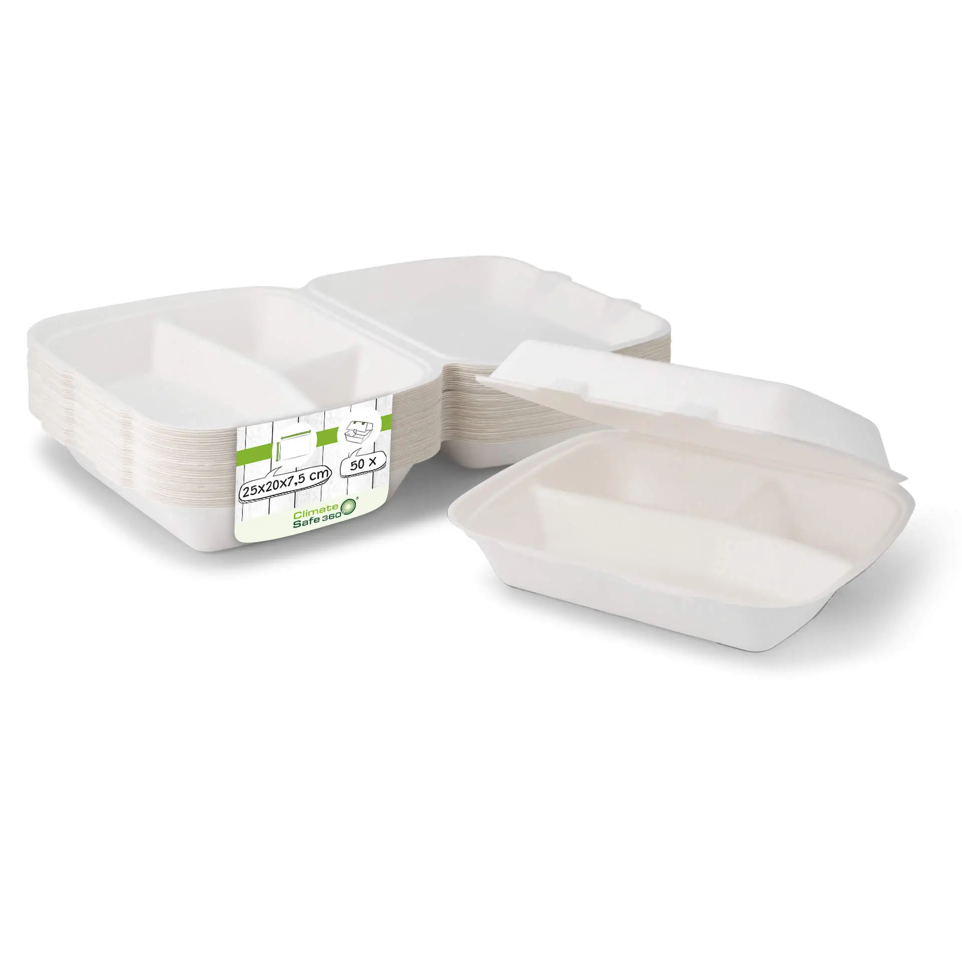 Sugarcane-menu containers 25 x 20 x 7.5 cm, 3 compartments, HP4/3,  hinged-lid, rectangular