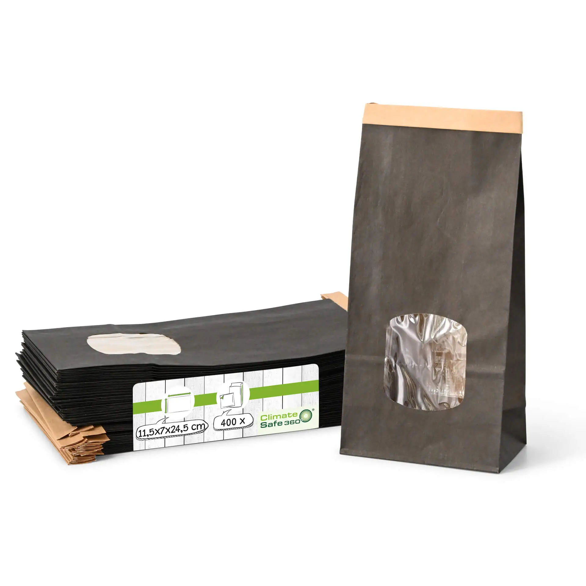 Block bottom bags M, 11.5 x 7 x 24.5 cm, PP-foil, black, tin tie, kraft paper