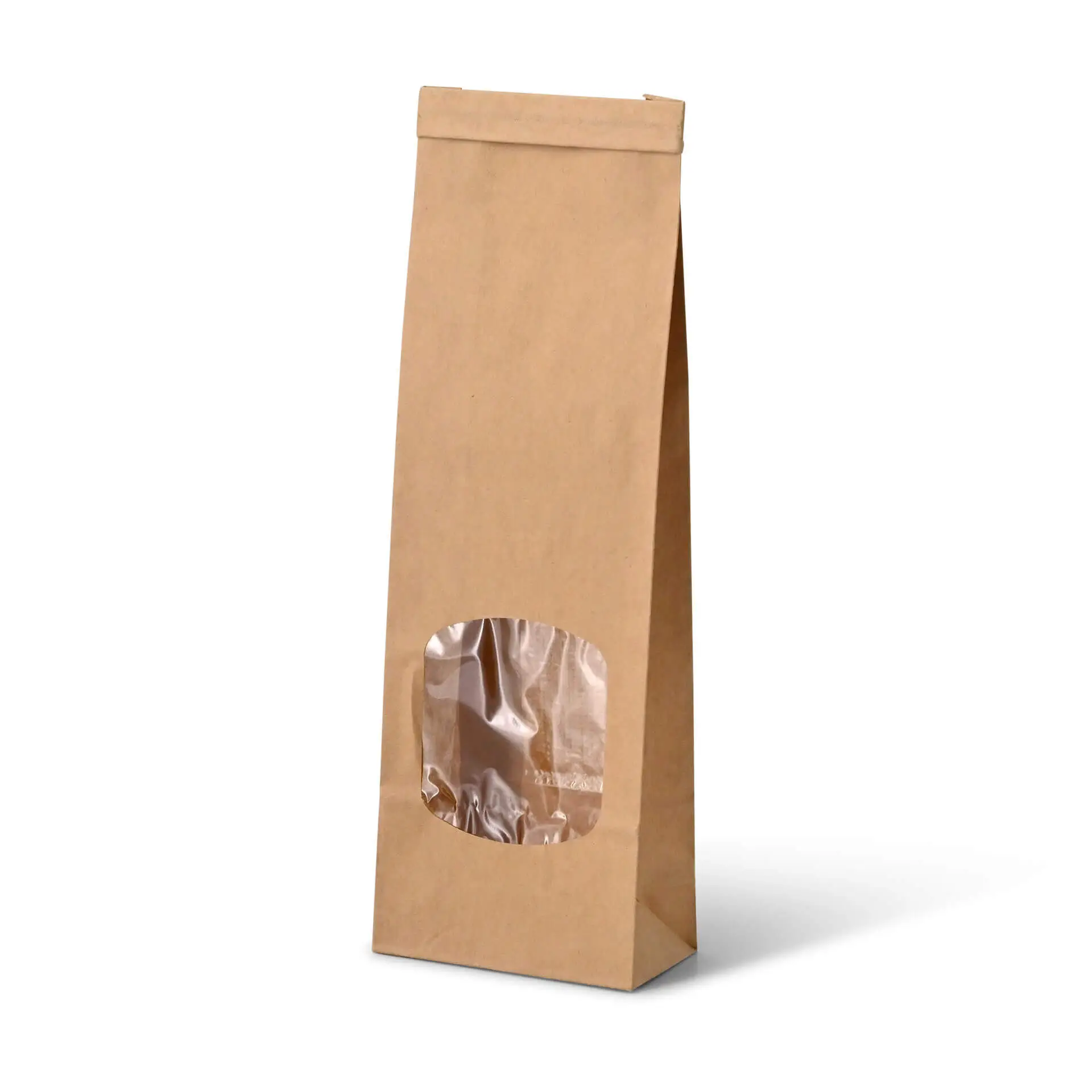 Block bottom bags with window S, 9 x 4.5 x 27.5 cm, PP-foil, brown, tin tie, kraft paper