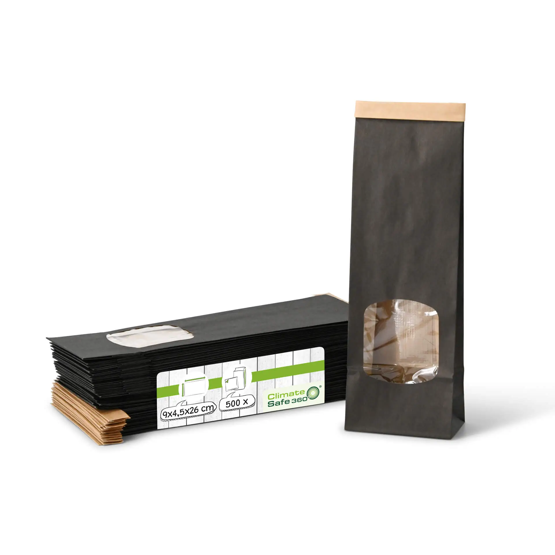 Block bottom bags with window S, 9 x 4.5 x 26 cm, PP-foil, black, tin tie, kraft paper