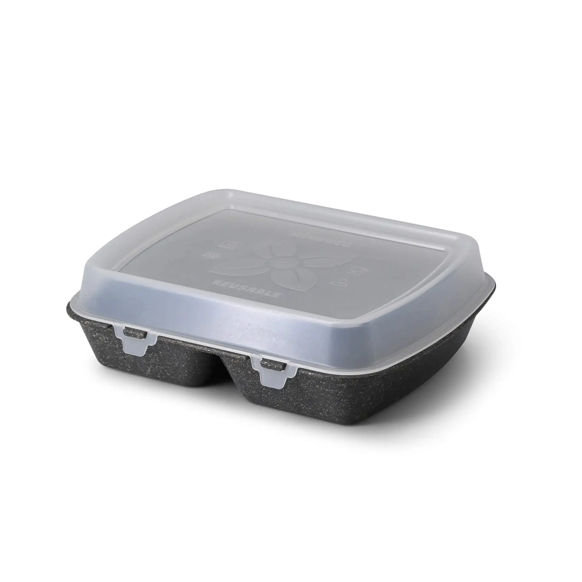 Reusable meal container "merways Box" 24.5 x 20 x 4.5 cm, 2 compartments, HP4/2, pepper / grey