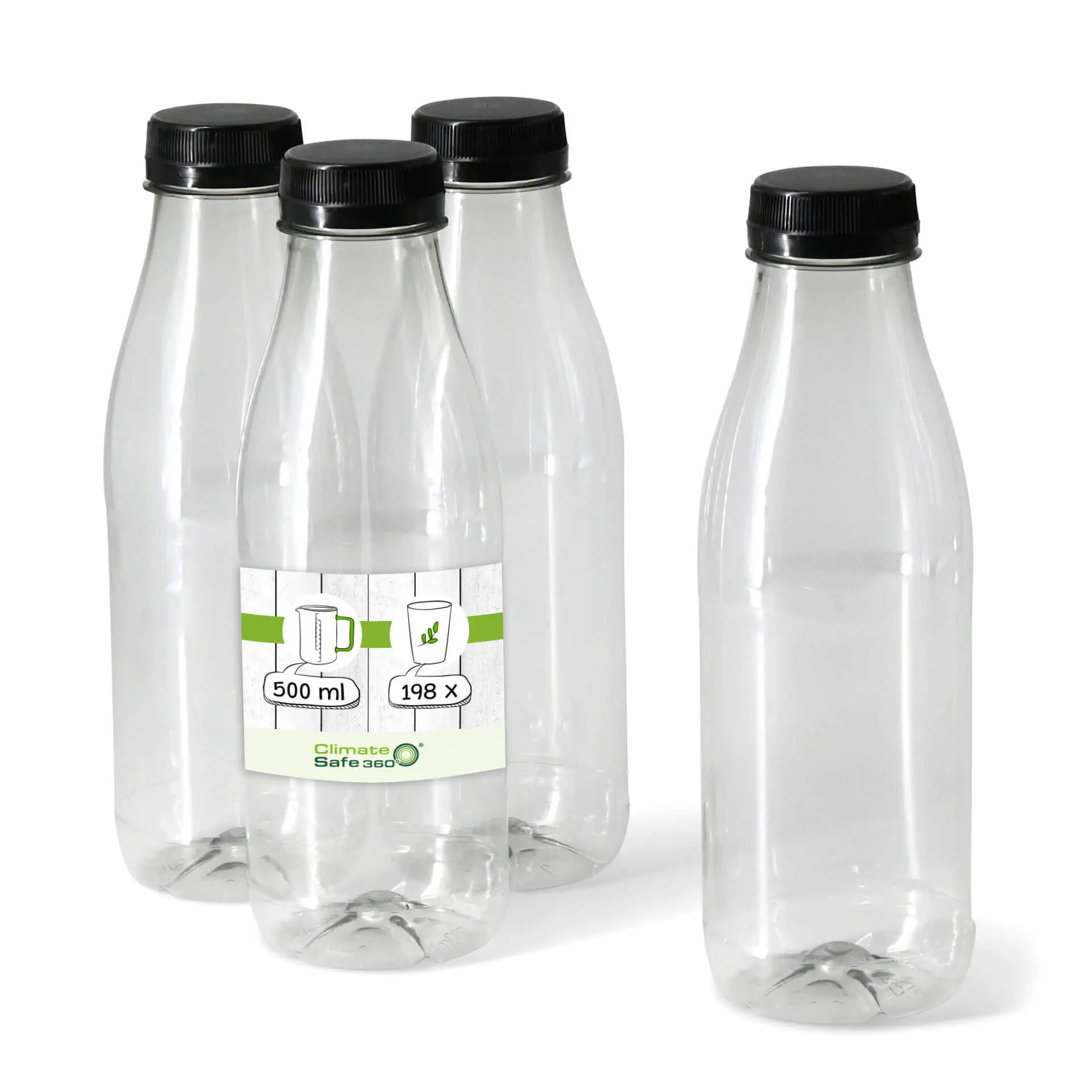 500 ml / 17.5 oz rPET bottles, clear, black lid