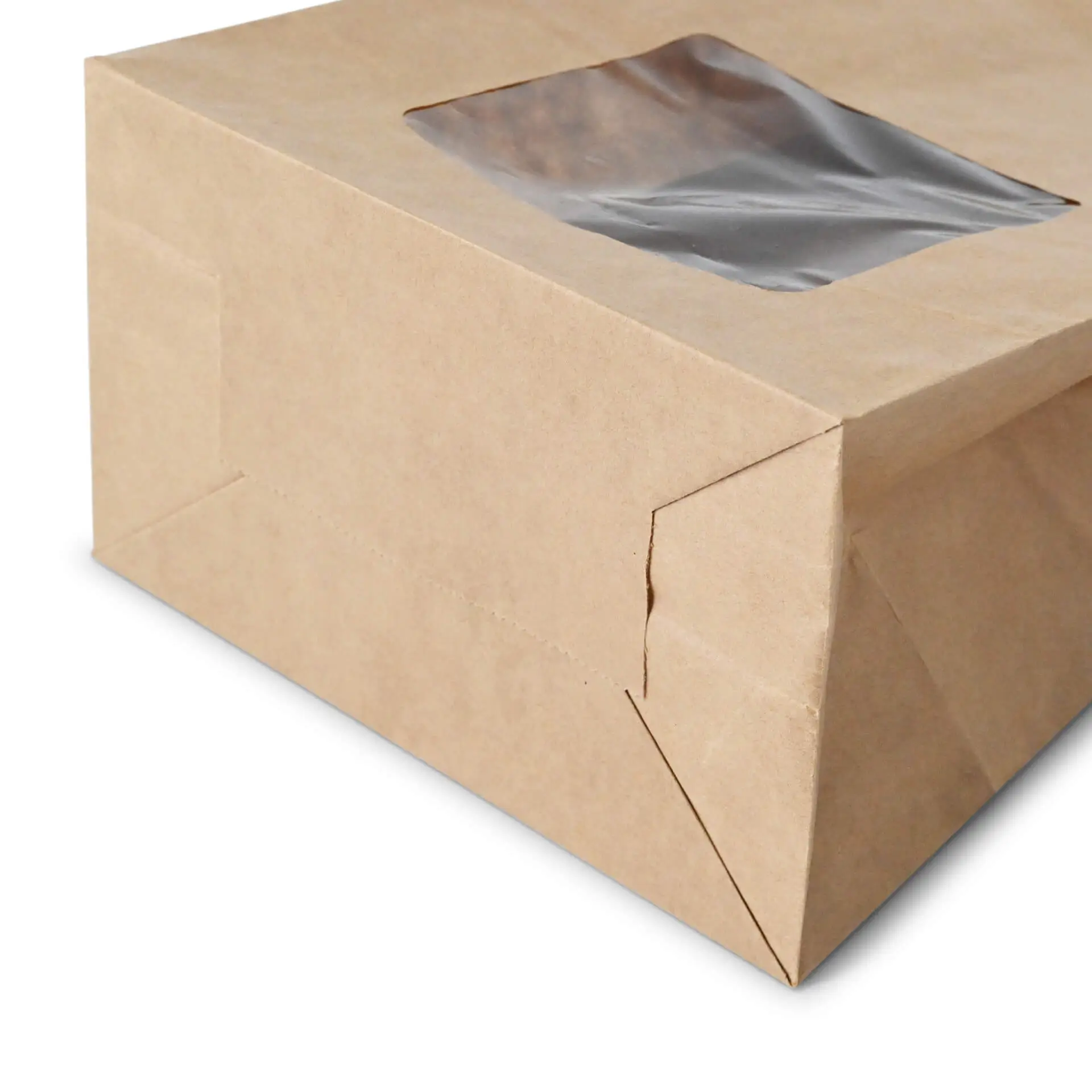 Block bottom-bags with PLA-window L, 15 x 10 x 25 cm, brown, kraft paper