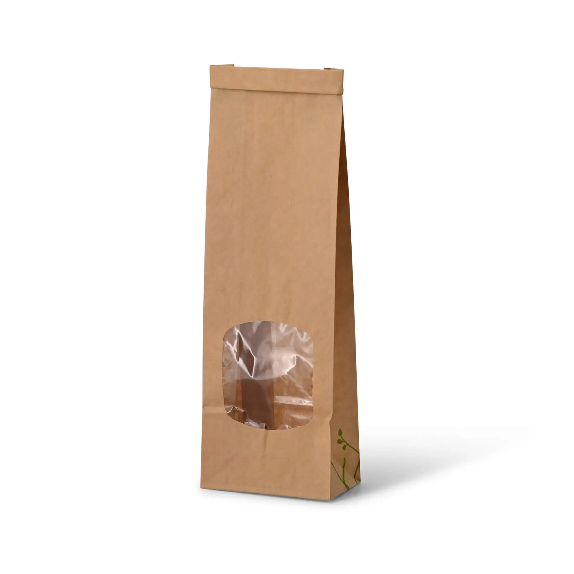 Block bottom bags with window S, 8.8 x 4.7 x 26 cm, PLA-foil, brown, tin tie, kraft paper