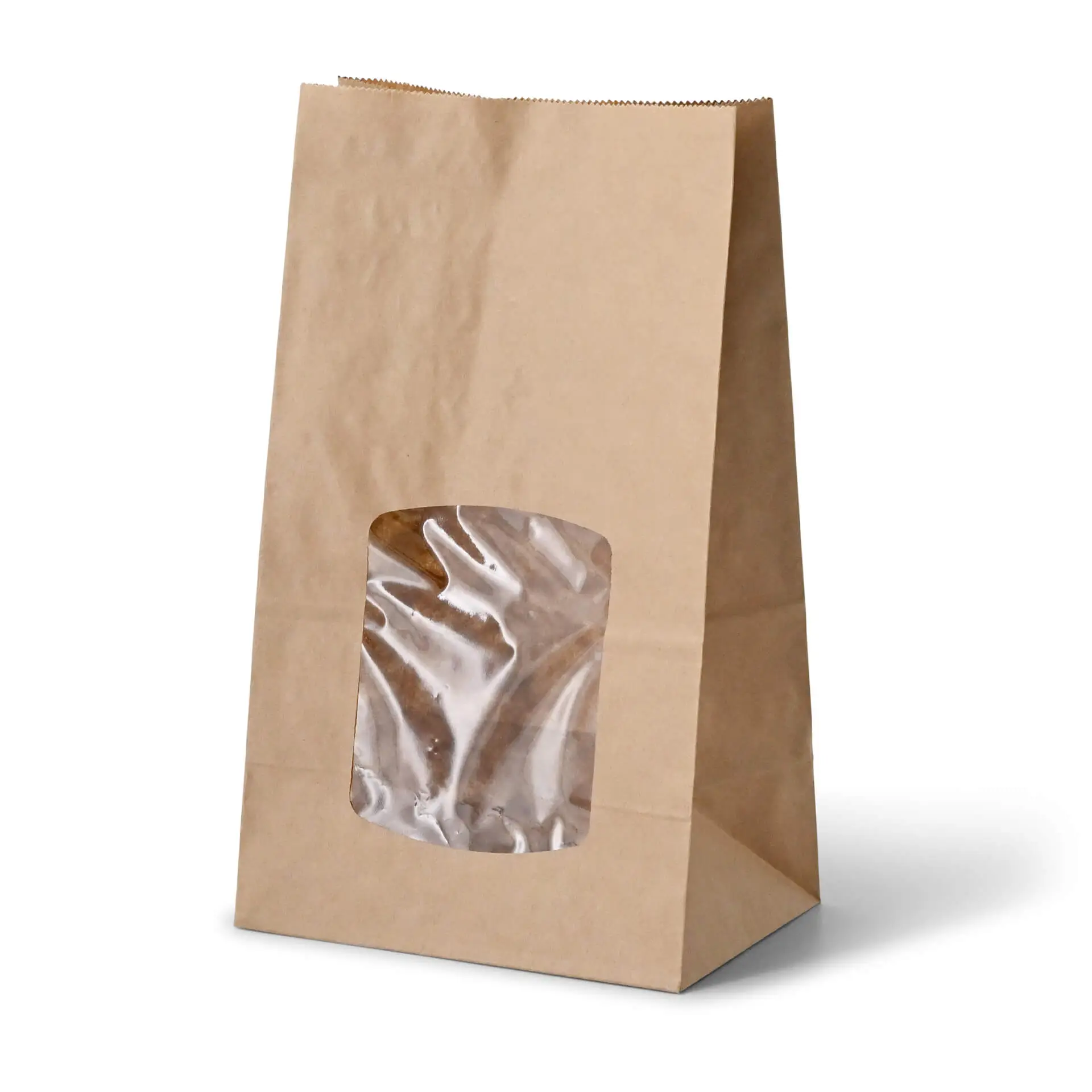 Block bottom-bags with PLA-window L, 15 x 10 x 25 cm, brown, kraft paper