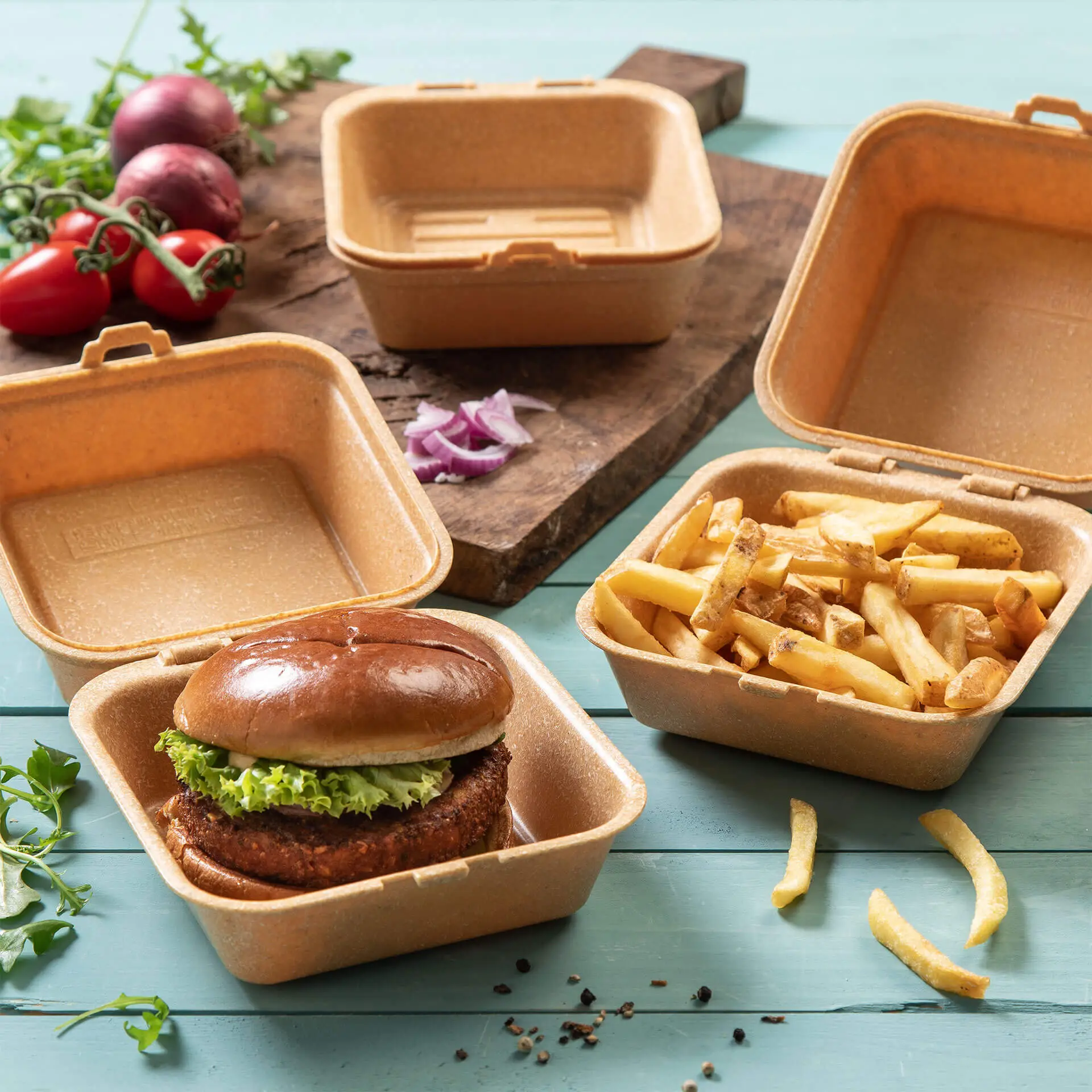 Reusable burger boxes "merways Box" 16 x 15 x 8.5 cm, caramel / brown