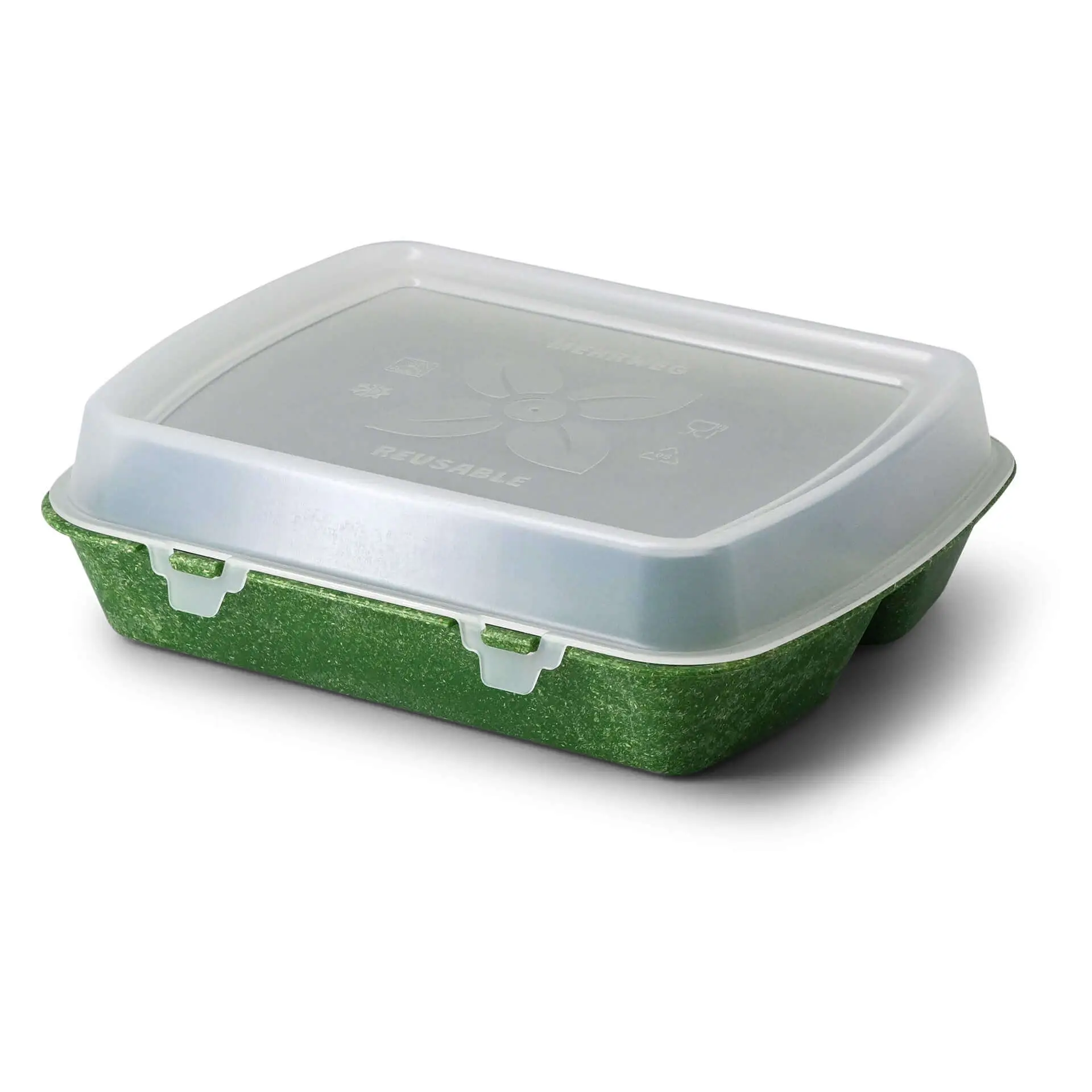 Reusable meal container "merways Box" 24.5 x 20 x 4.5 cm, 3 compartments, HP4/3, spinach green / dark green