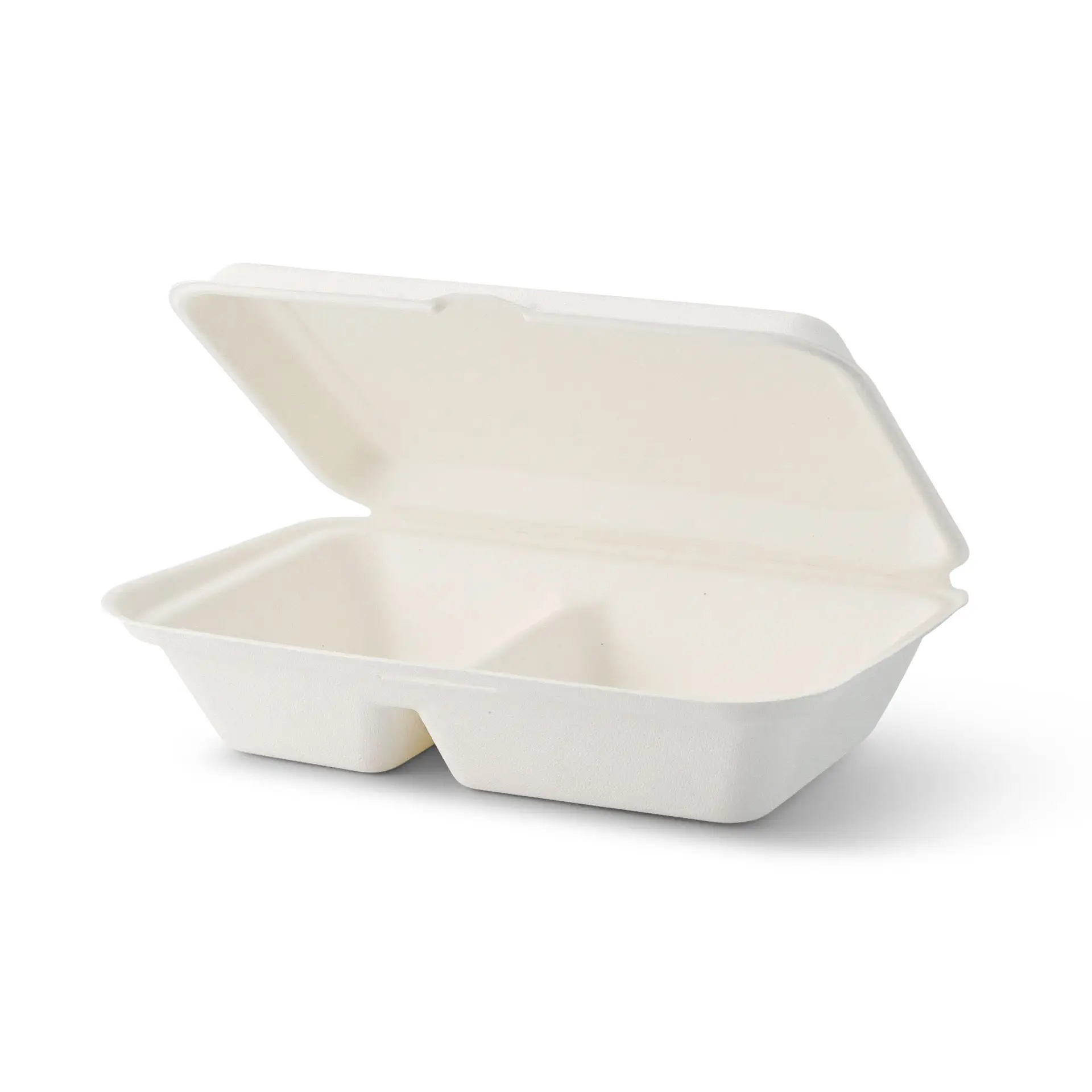 Sugarcane-menu containers 25 x 16,5 x 6,1 cm, 2 compartments, hinged-lid, rectangular