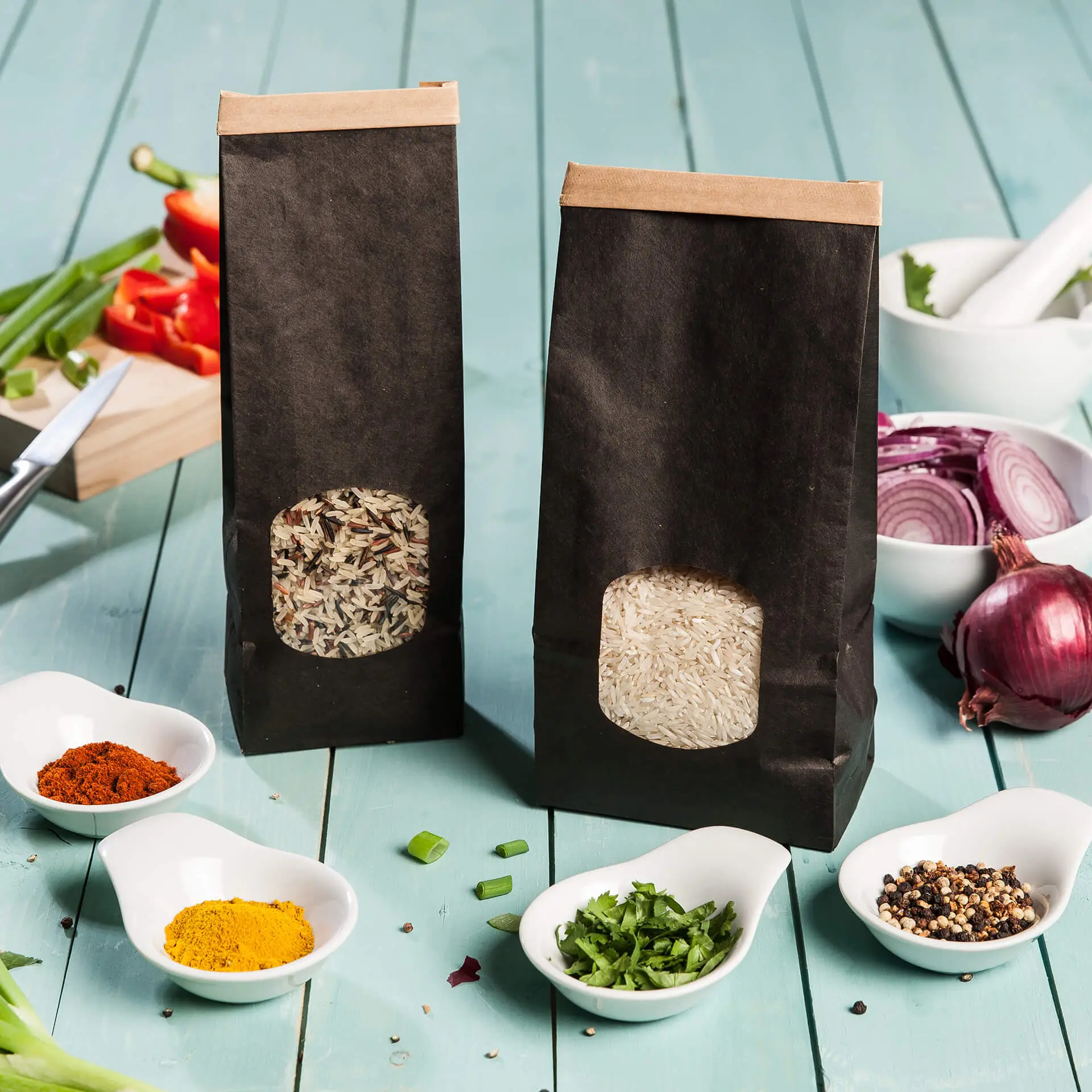 Block bottom bags with window S, 9 x 4.5 x 26 cm, PP-foil, black, tin tie, kraft paper