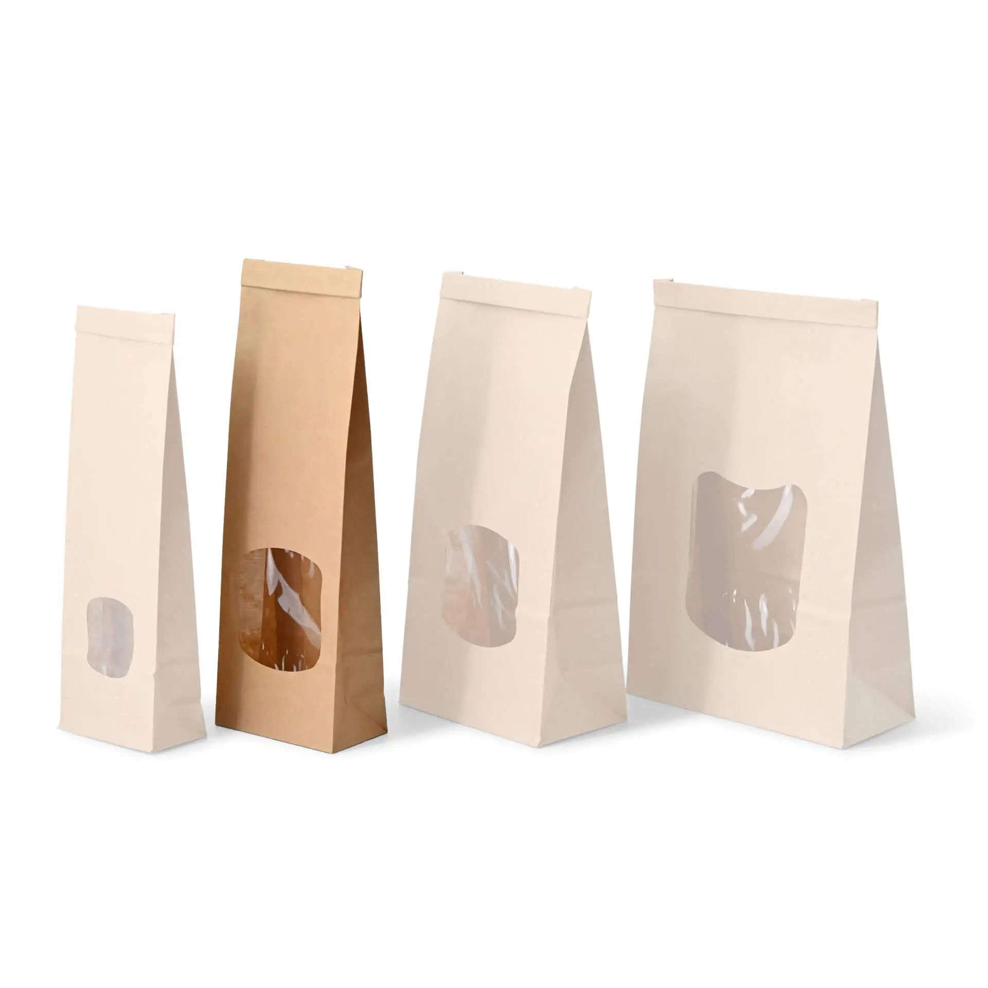 Block bottom bags with window S, 9 x 4.5 x 27.5 cm, PP-foil, brown, tin tie, kraft paper