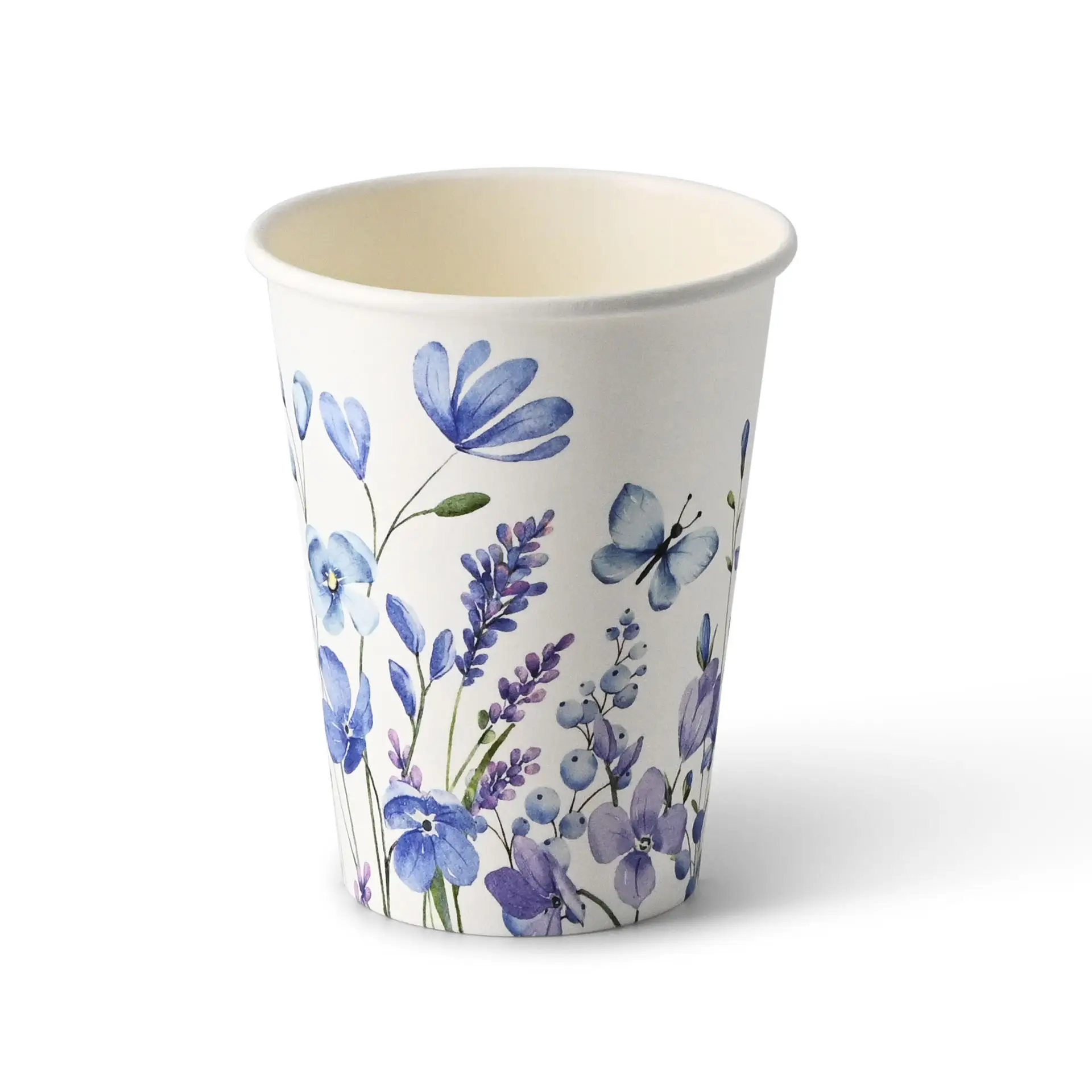 12 oz Paper cups spring 'Violets' single wall, Ø 90 mm, blue