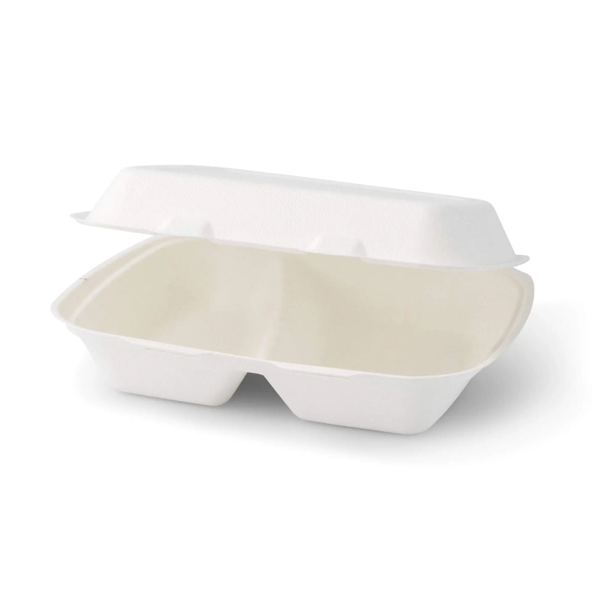 Sugarcane-menu containers 25 x 20 x 7.5 cm, 2 compartments, HP4/2,  hinged-lid, rectangular