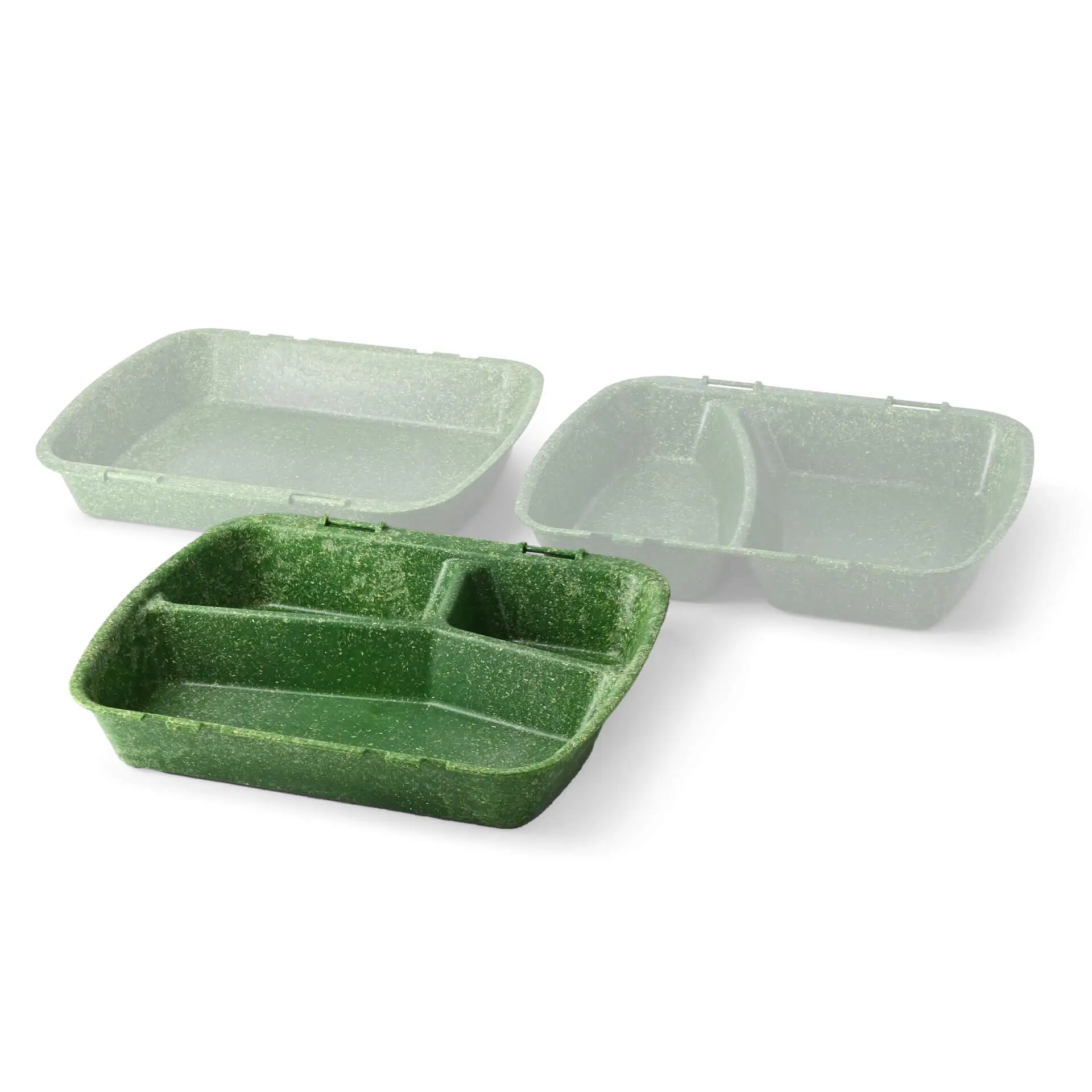 Reusable meal container "merways Box" 24.5 x 20 x 4.5 cm, 3 compartments, HP4/3, spinach green / dark green