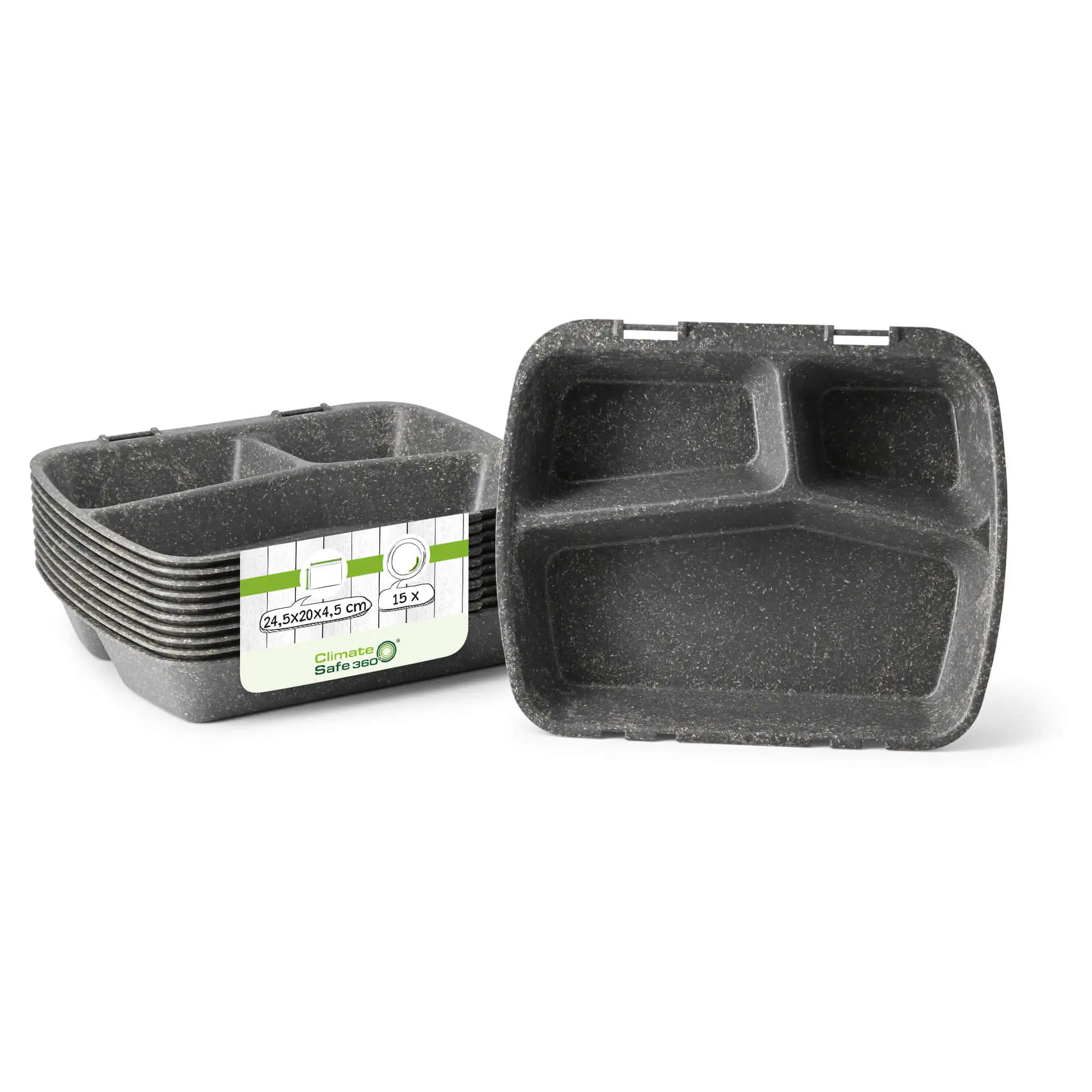 Reusable meal container "merways Box" 24.5 x 20 x 4.5 cm, 3 compartments, HP4/3, pepper / grey