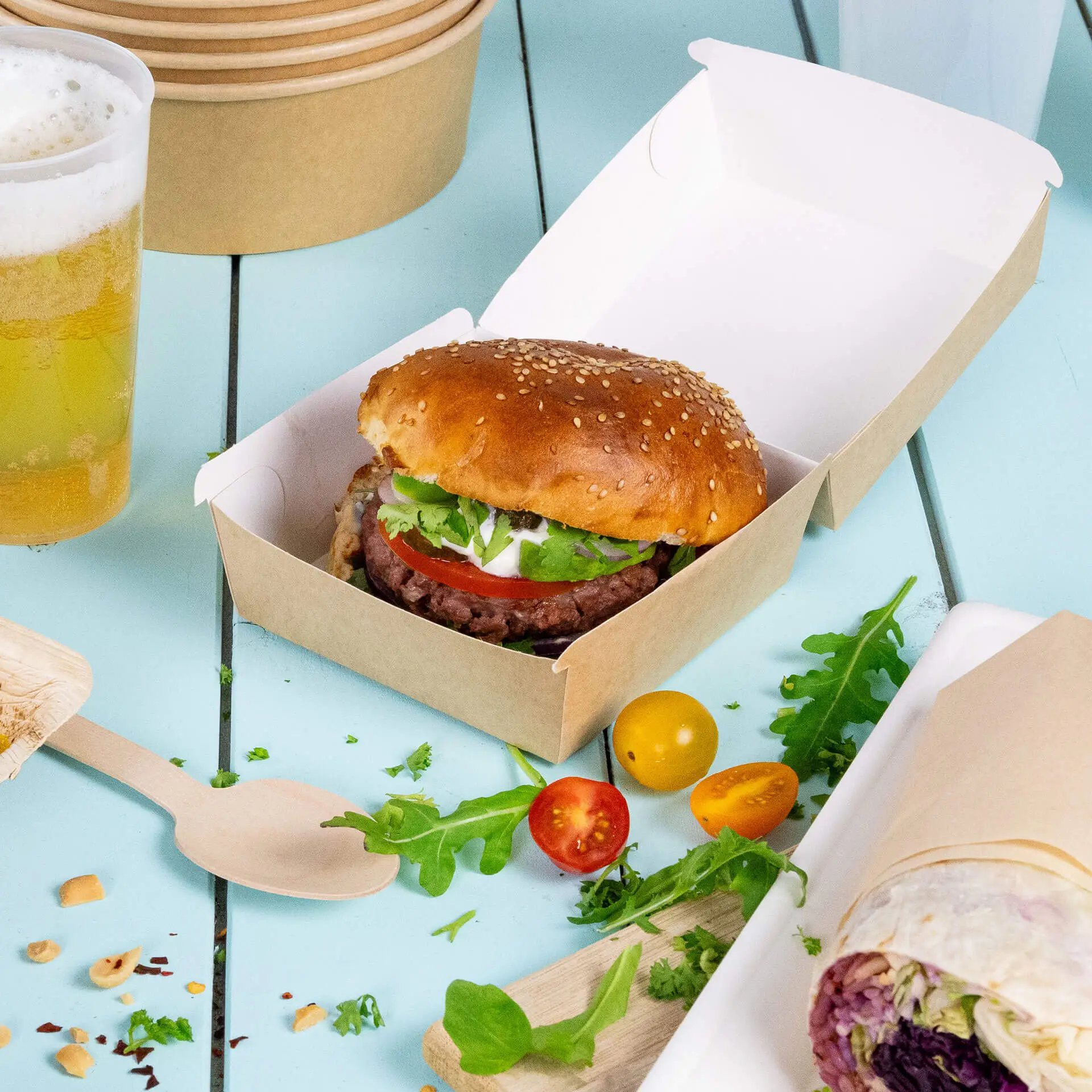 Take-away burger boxes 11 x 11 x 8 cm, kraft-white