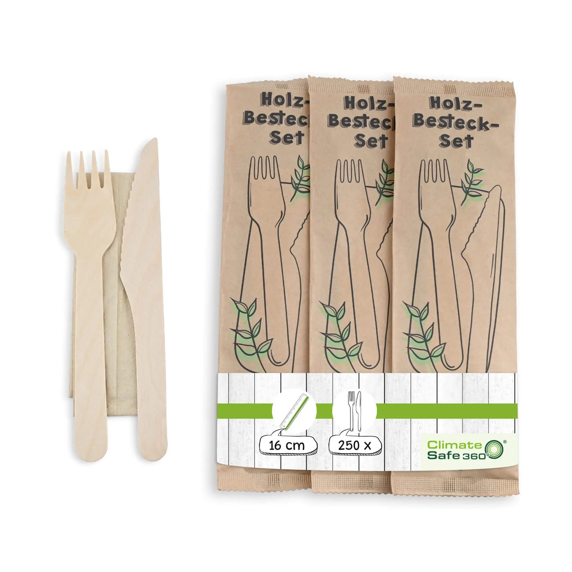 Wooden cutlery sets knife, fork & serviette, 16 cm bio-based coating