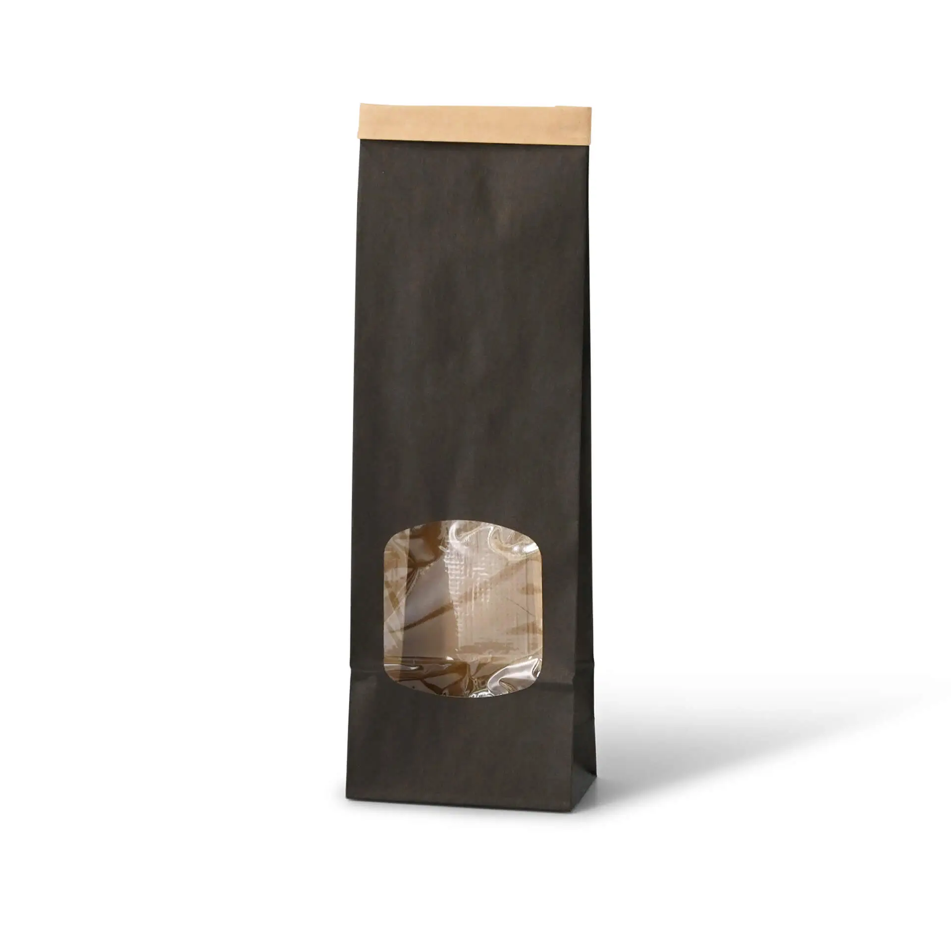 Block bottom bags with window S, 9 x 4.5 x 26 cm, PP-foil, black, tin tie, kraft paper