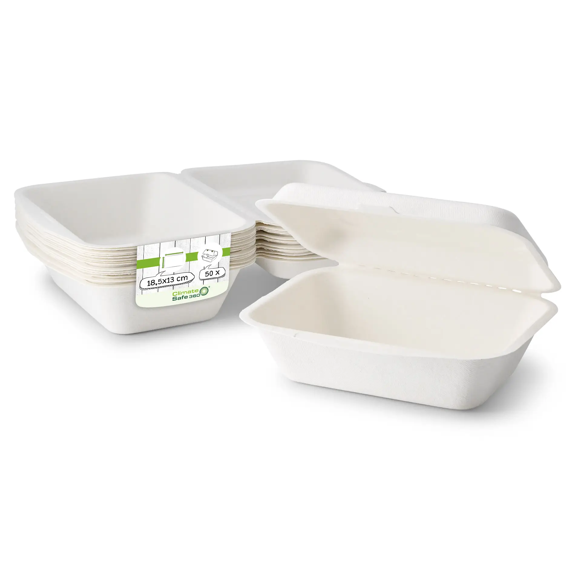 Sugarcane-containers 18.5 x 13 x 6.5 cm, hinged-lid, rectangular