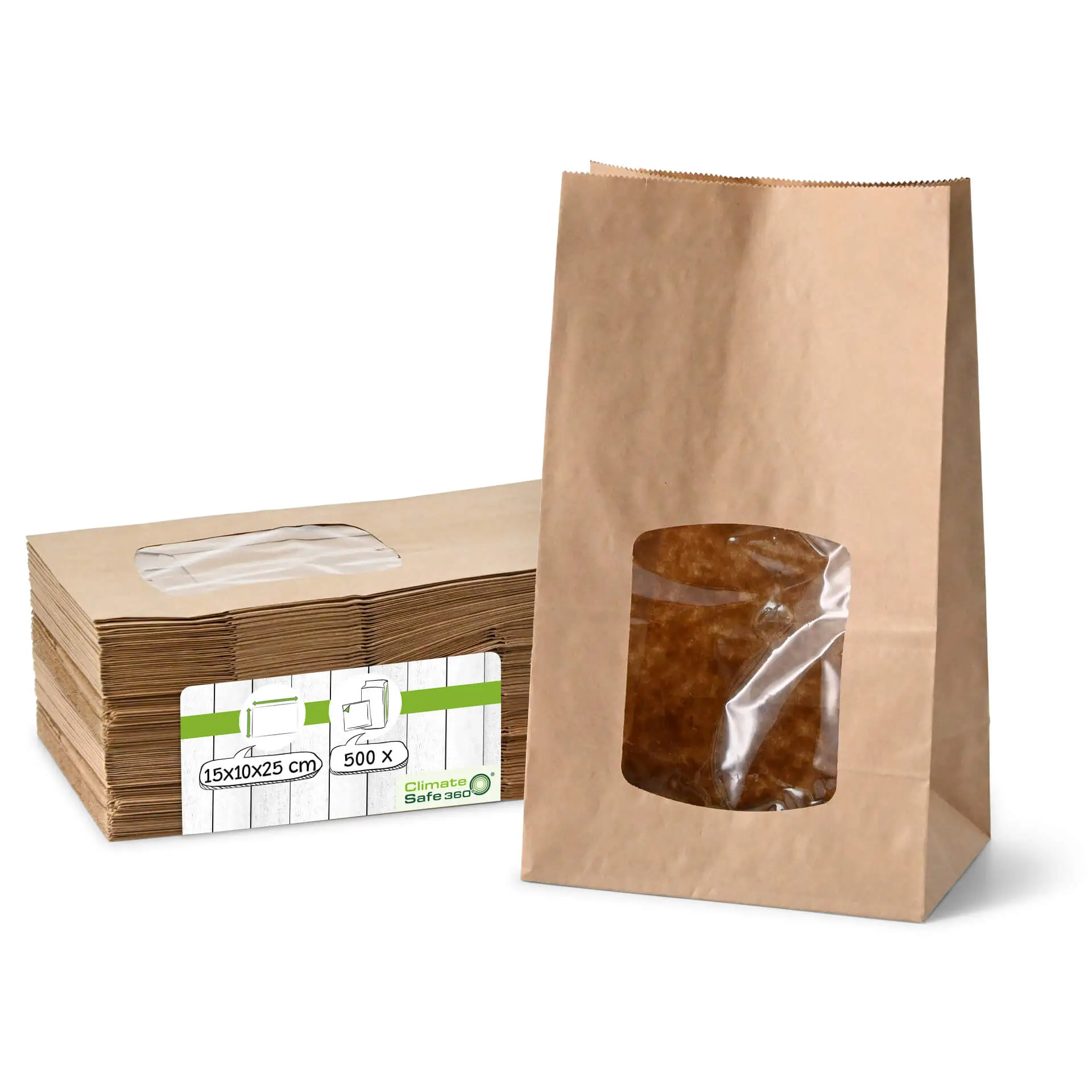 Block bottom-bags with PLA-window L, 15 x 10 x 25 cm, brown, kraft paper