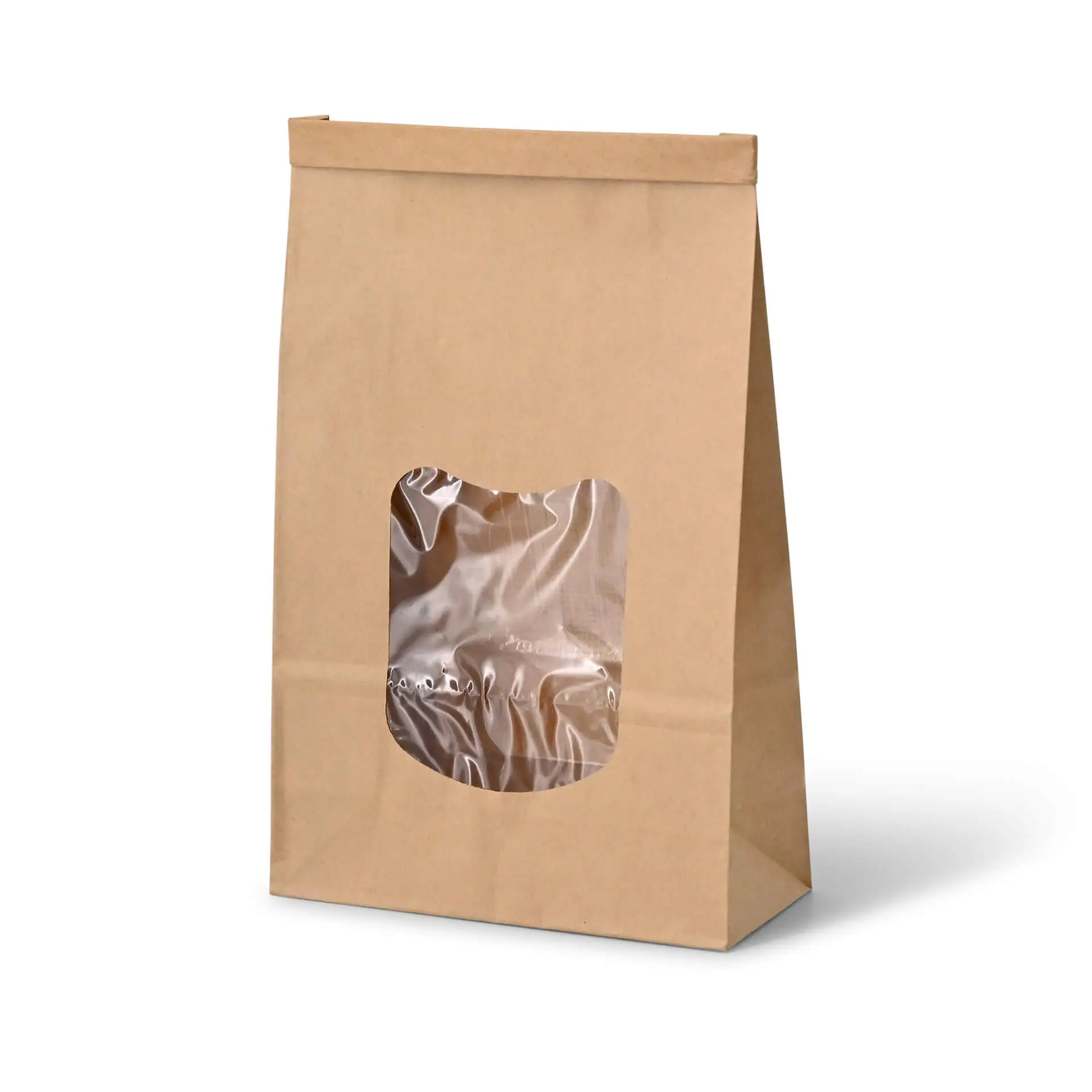 Block bottom bags with window L, 15.5 x 7 x 24 cm, PP-foil, brown, tin tie, kraft paper