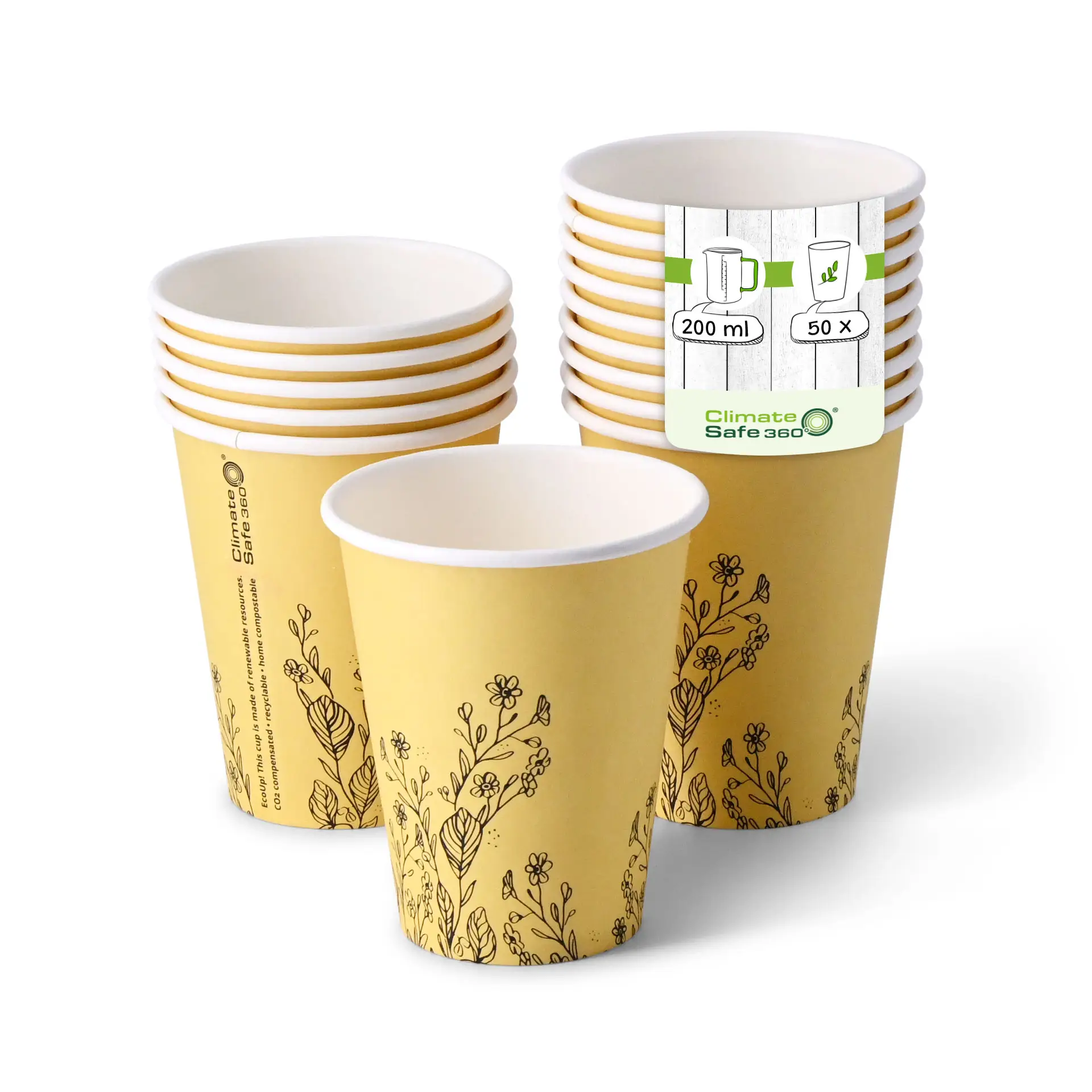 8 oz Paper cups spring 'Flowers' single wall, Ø 80 mm, yellow