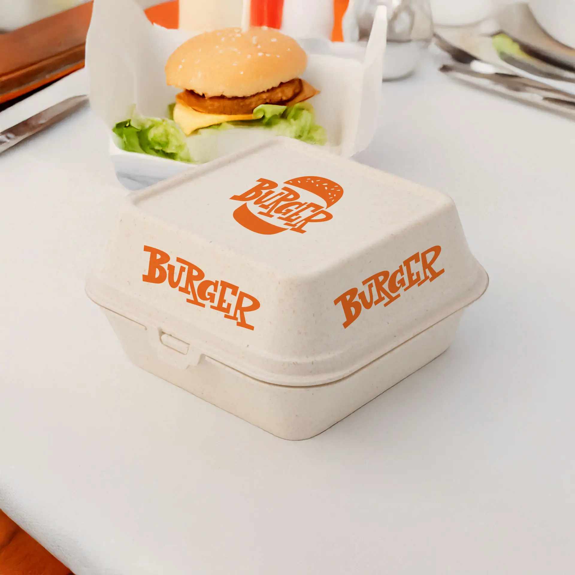 Reusable burger boxes printing "merways Box" (4 surfaces) 16 x 15 x 8.5 cm, cashew / creamy white