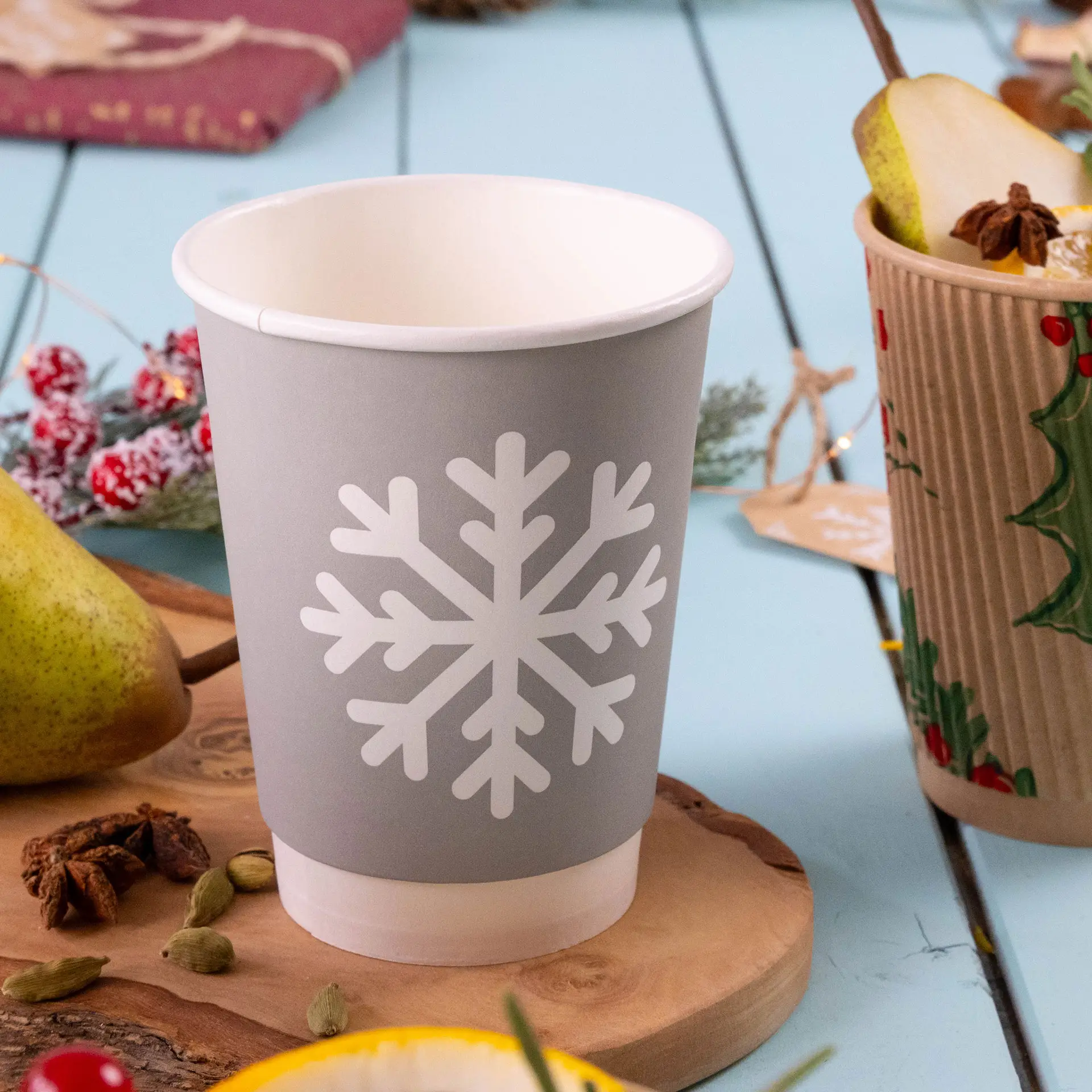 Double-walled paper cup Winter "Snowflake", 300 ml / 12 oz, Ø 90 mm, grey