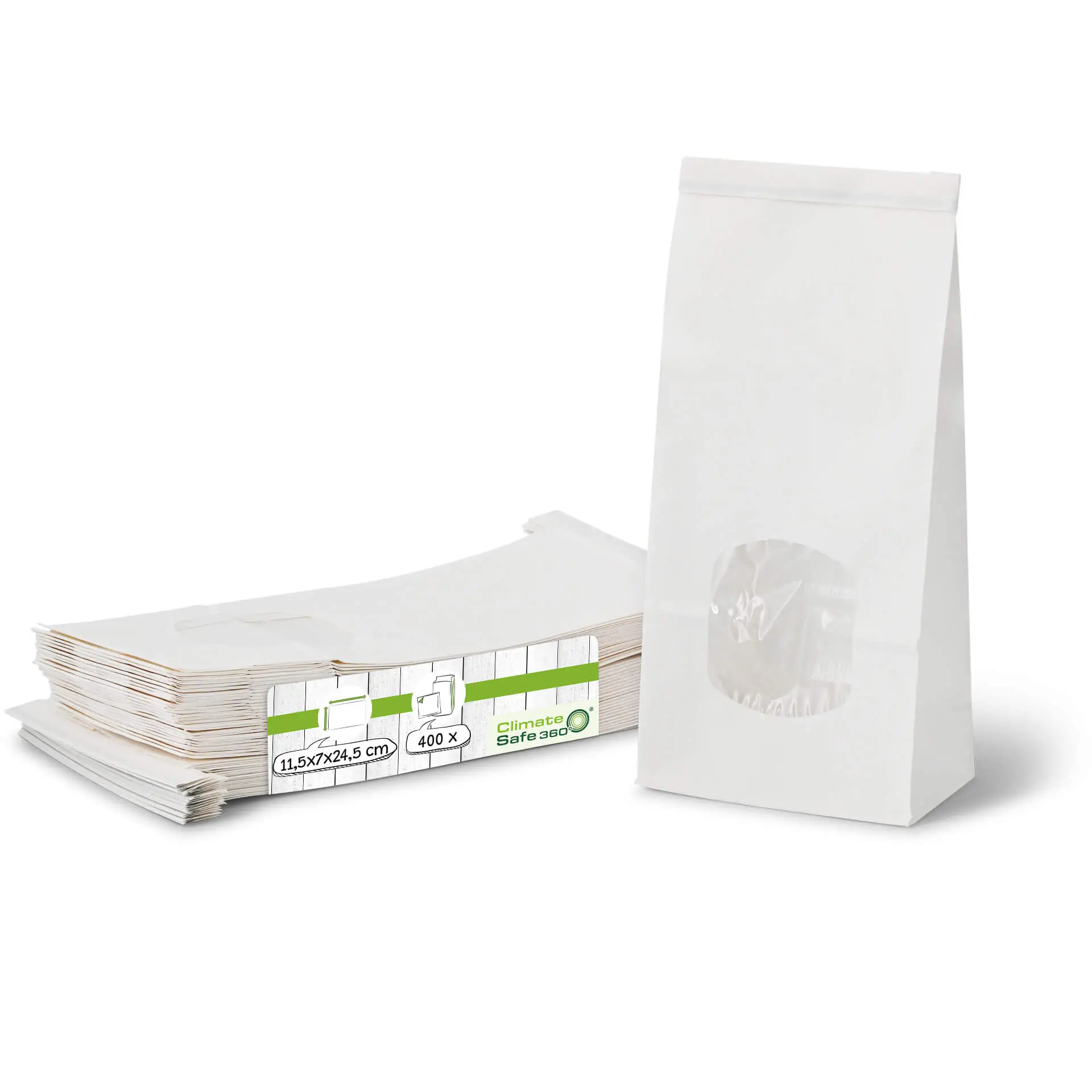 Block bottom bags with window M, 11,5 x 7 x 24,5 cm, PP-foil, white, tin tie, kraft paper