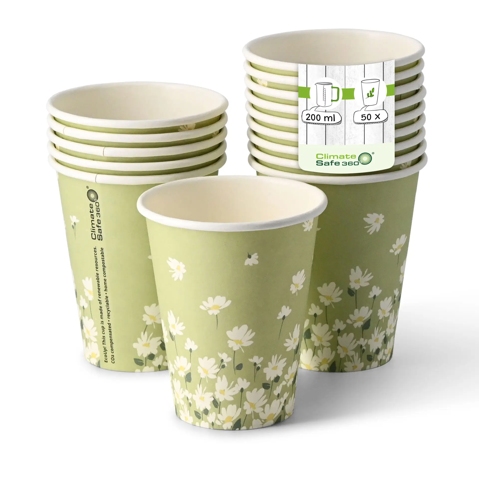 8 oz Paper cups spring 'Daisies' single wall, Ø 80 mm, green