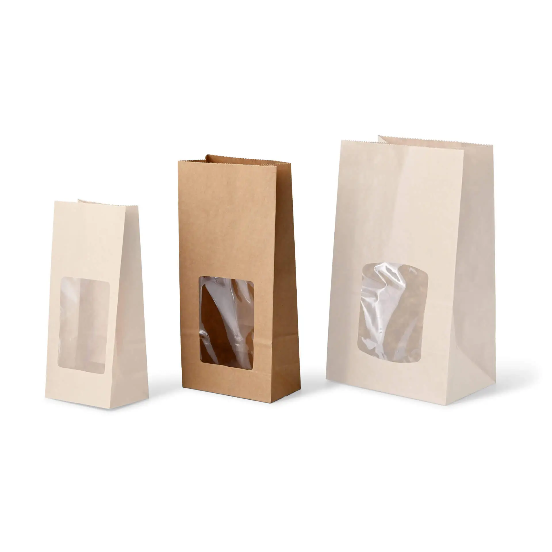 Block bottom-bags with PLA-window M, 11 x 6 x 23,5 cm, brown, kraft paper