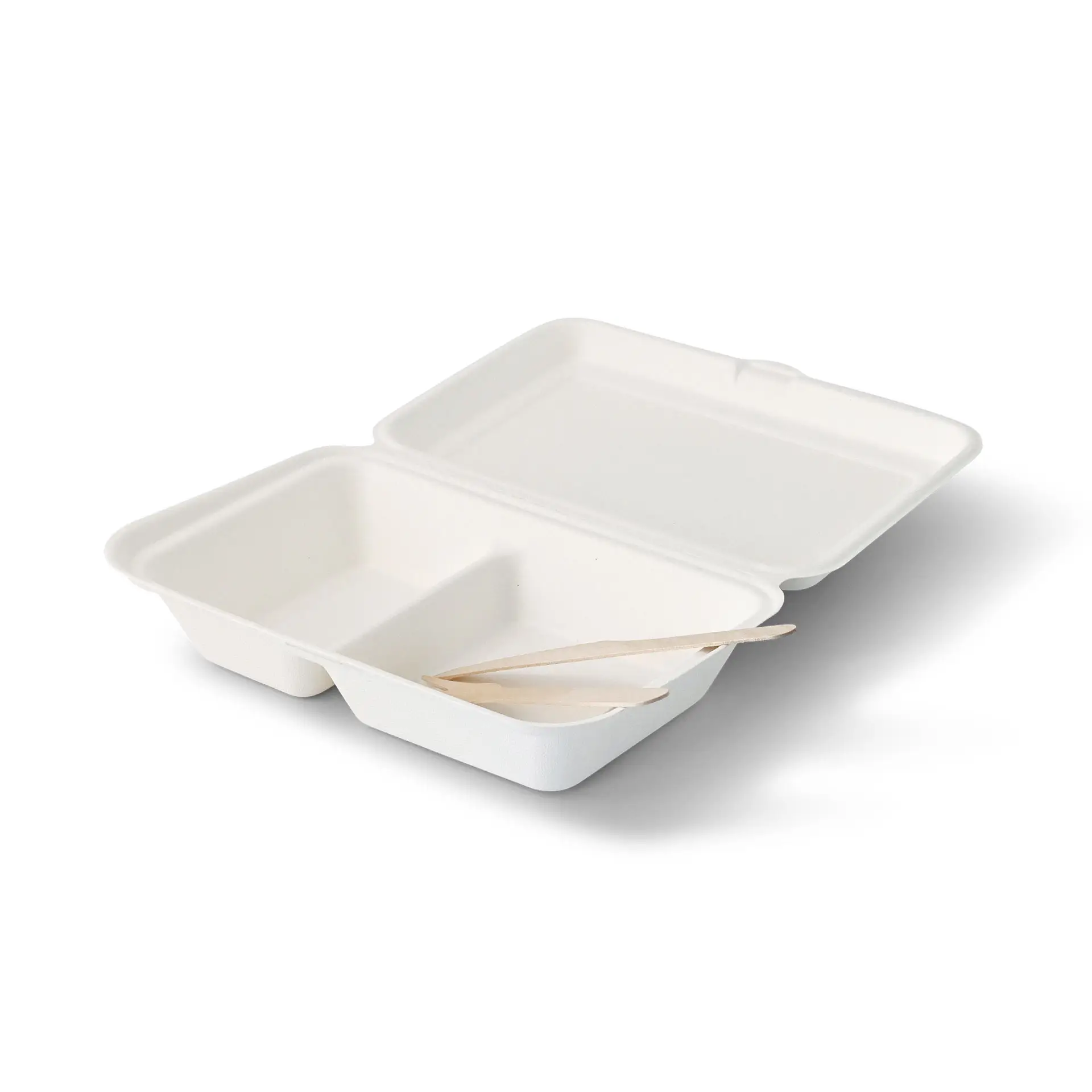 Sugarcane-menu containers 25 x 16,5 x 6,1 cm, 2 compartments, hinged-lid, rectangular