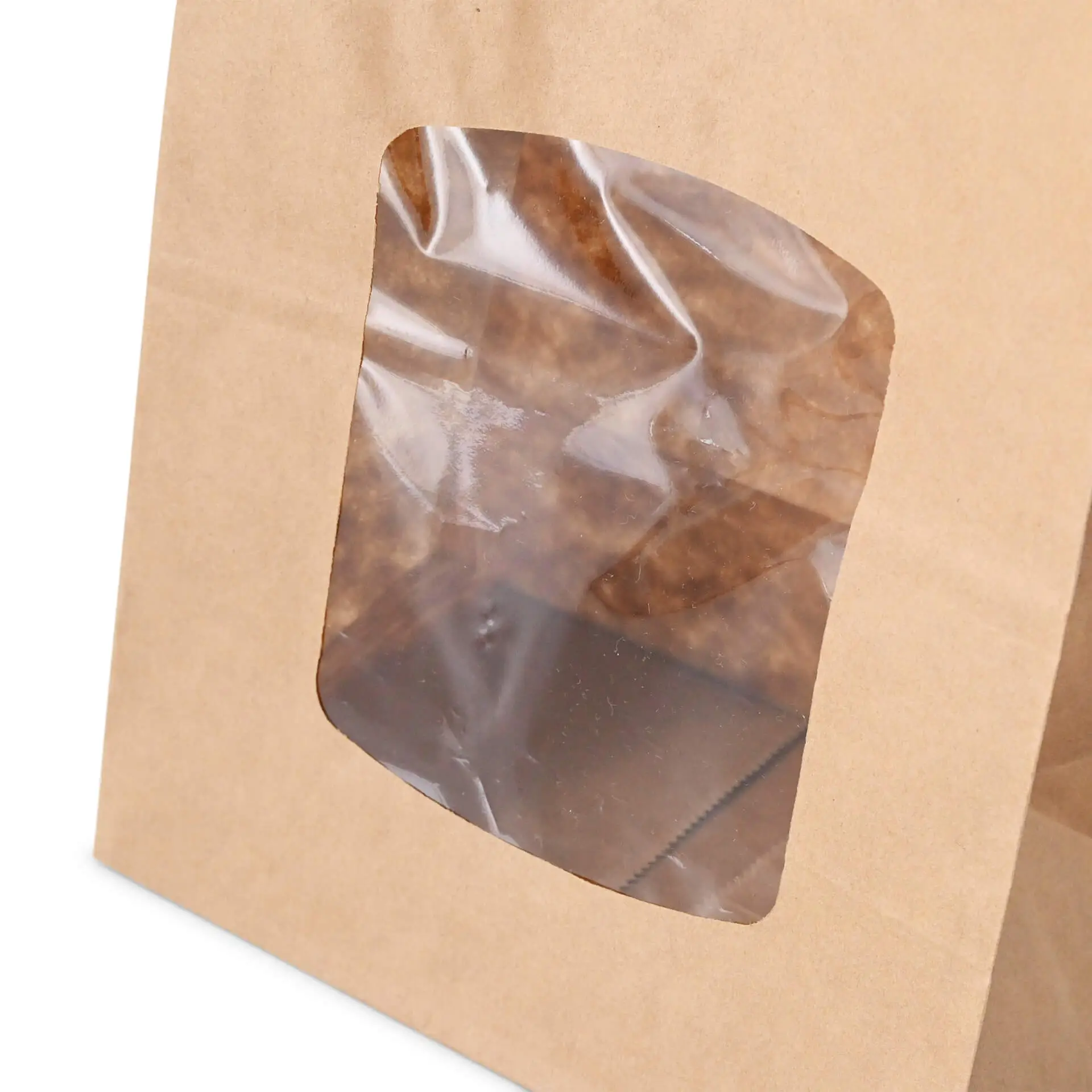 Block bottom-bags with PLA-window L, 15 x 10 x 25 cm, brown, kraft paper