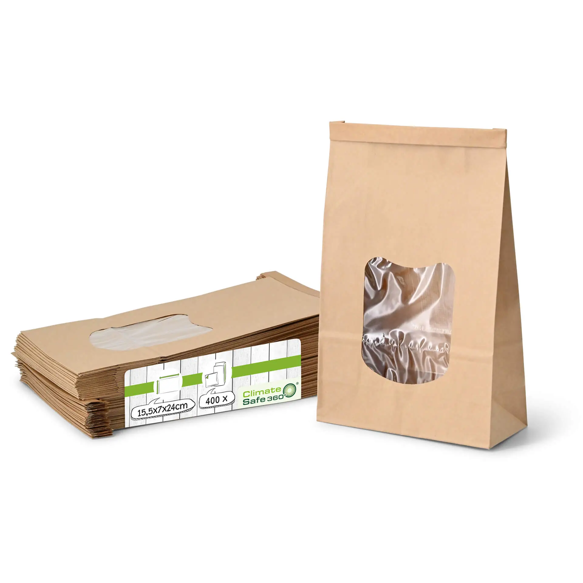 Block bottom bags with window L, 15.5 x 7 x 24 cm, PP-foil, brown, tin tie, kraft paper