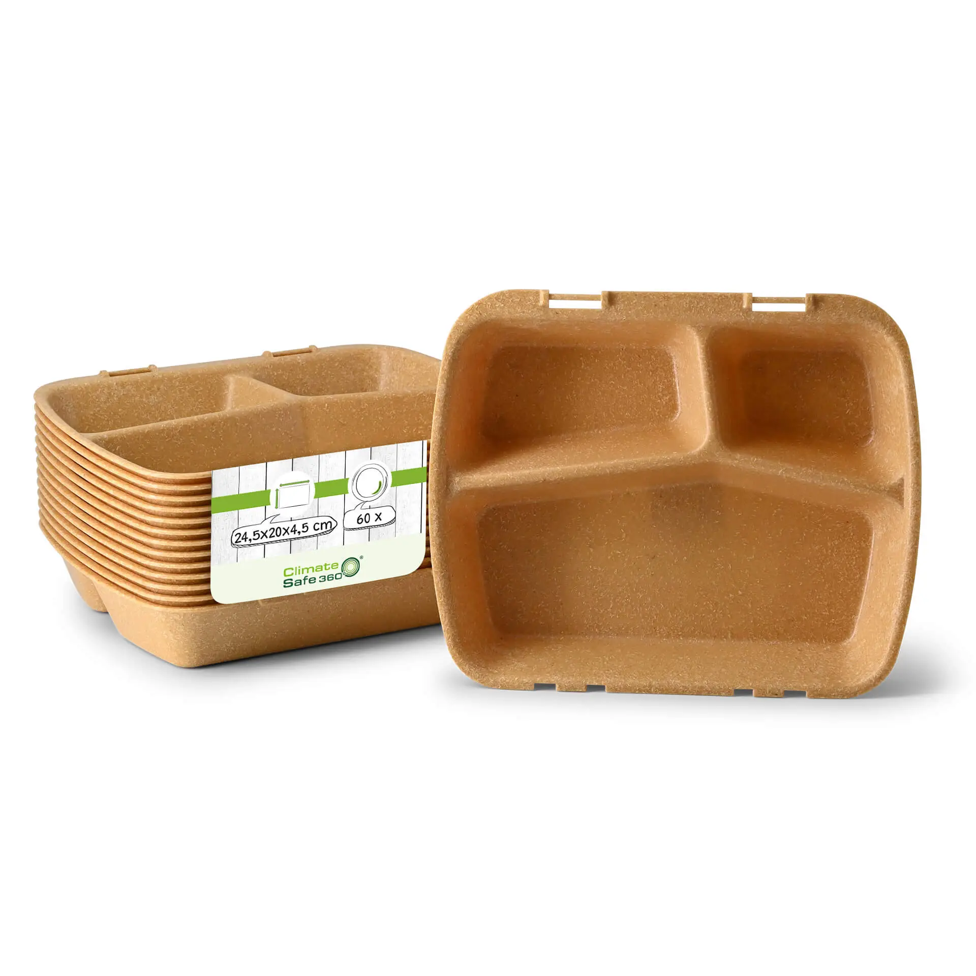 Reusable meal container "merways Box" 24.5 x 20 x 4.5 cm, 2 compartments, HP4/2, caramel / brown