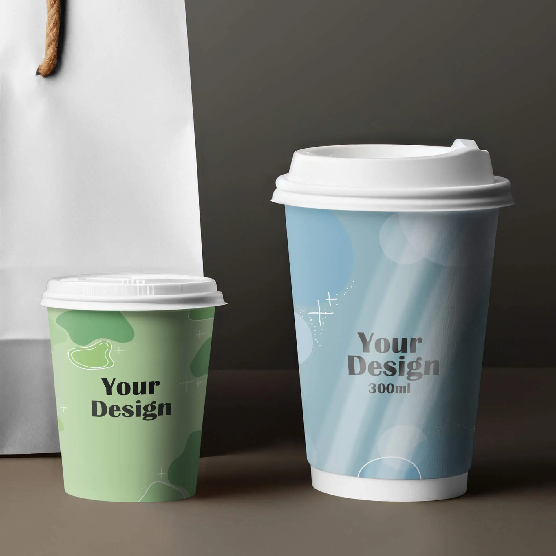 Printed take away coffee cups, double wall 12 oz, glossy