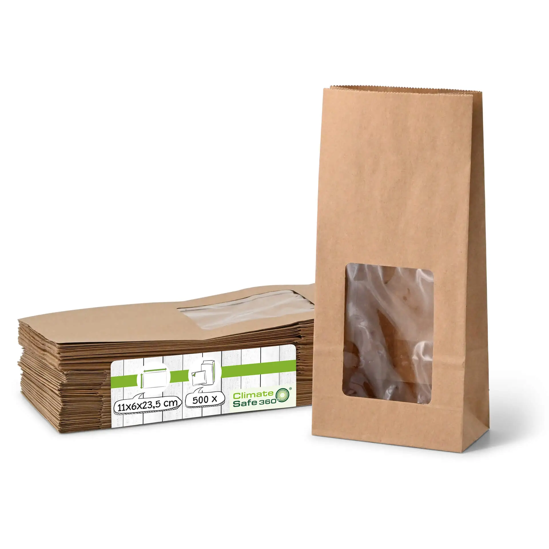 Block bottom-bags with PLA-window M, 11 x 6 x 23,5 cm, brown, kraft paper