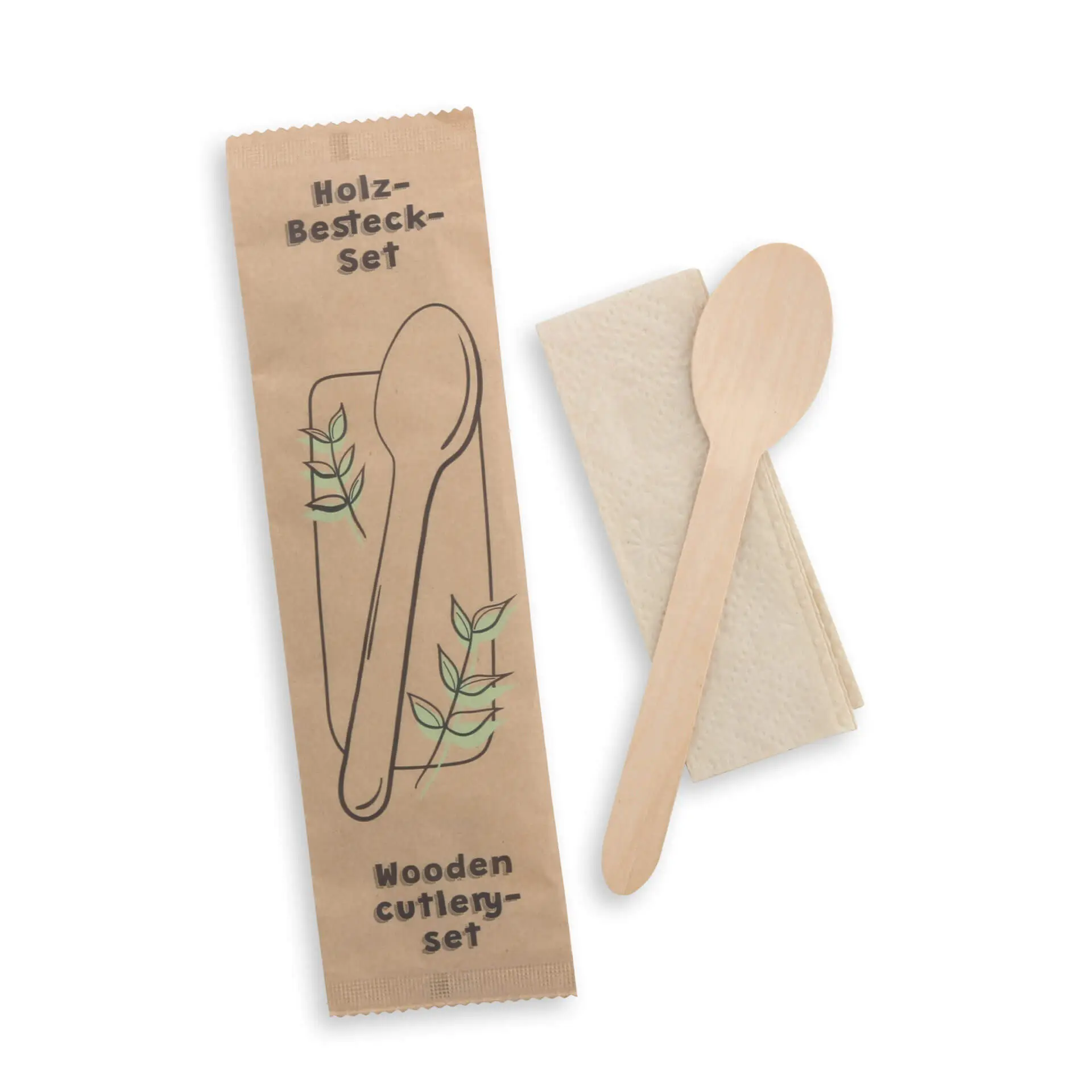 Wooden cutlery sets spoon & serviette, 16 cm bio-based coating