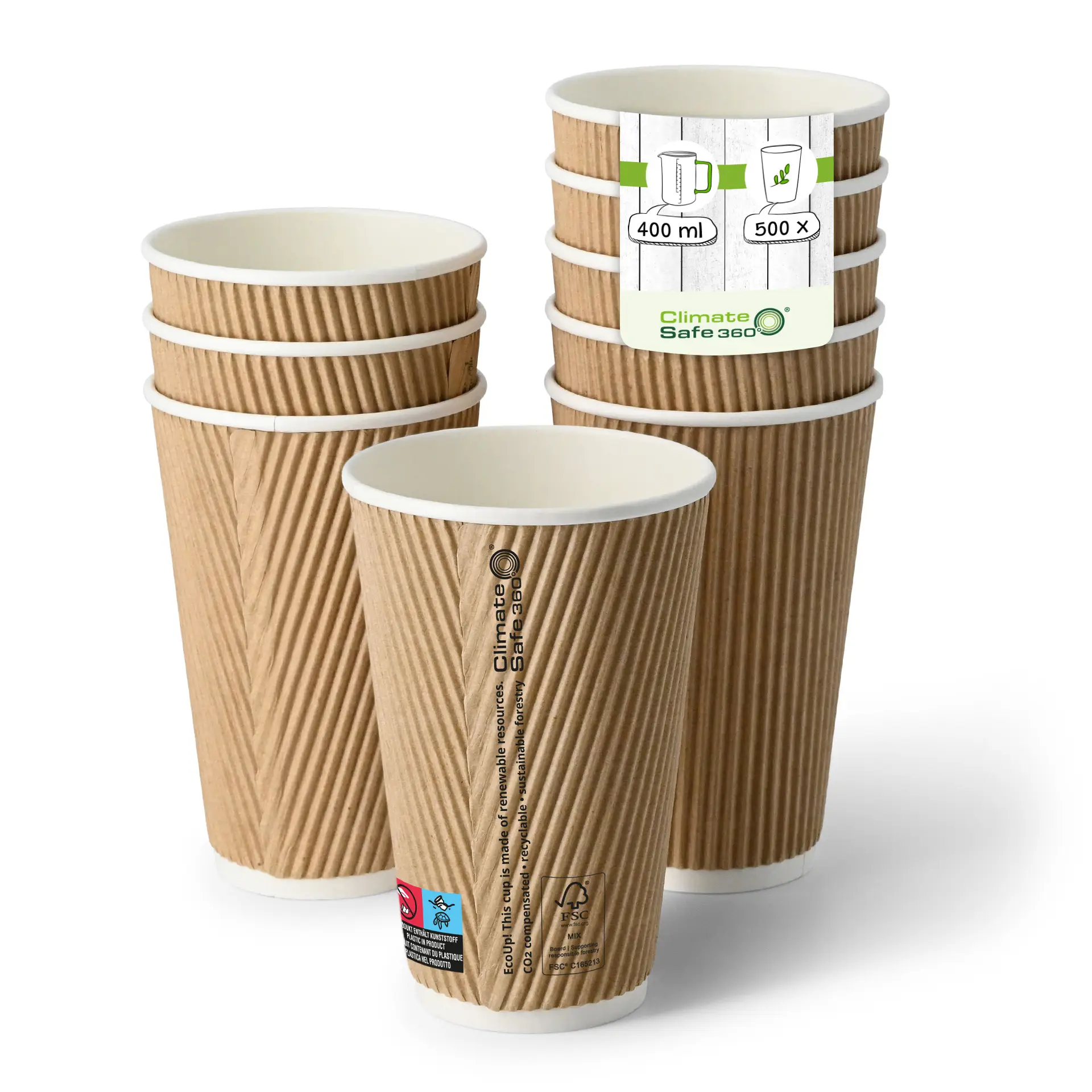 16 oz Take away coffee cups (coated) / Ripple cups, Ø 80 mm, brown, inner white