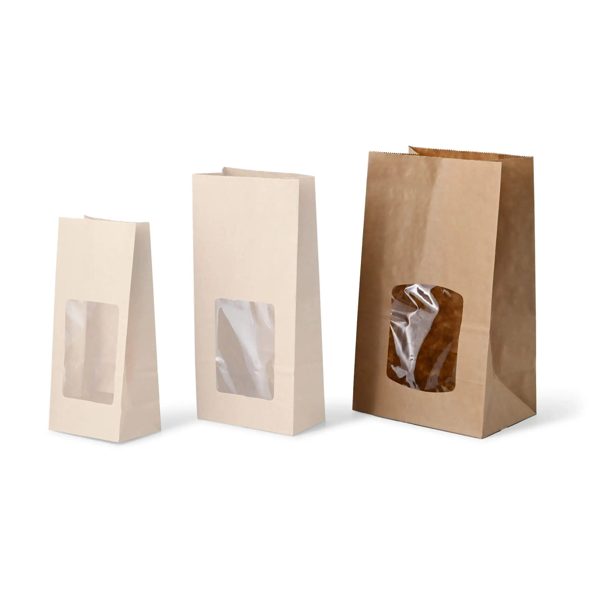 Block bottom-bags with PLA-window L, 15 x 10 x 25 cm, brown, kraft paper