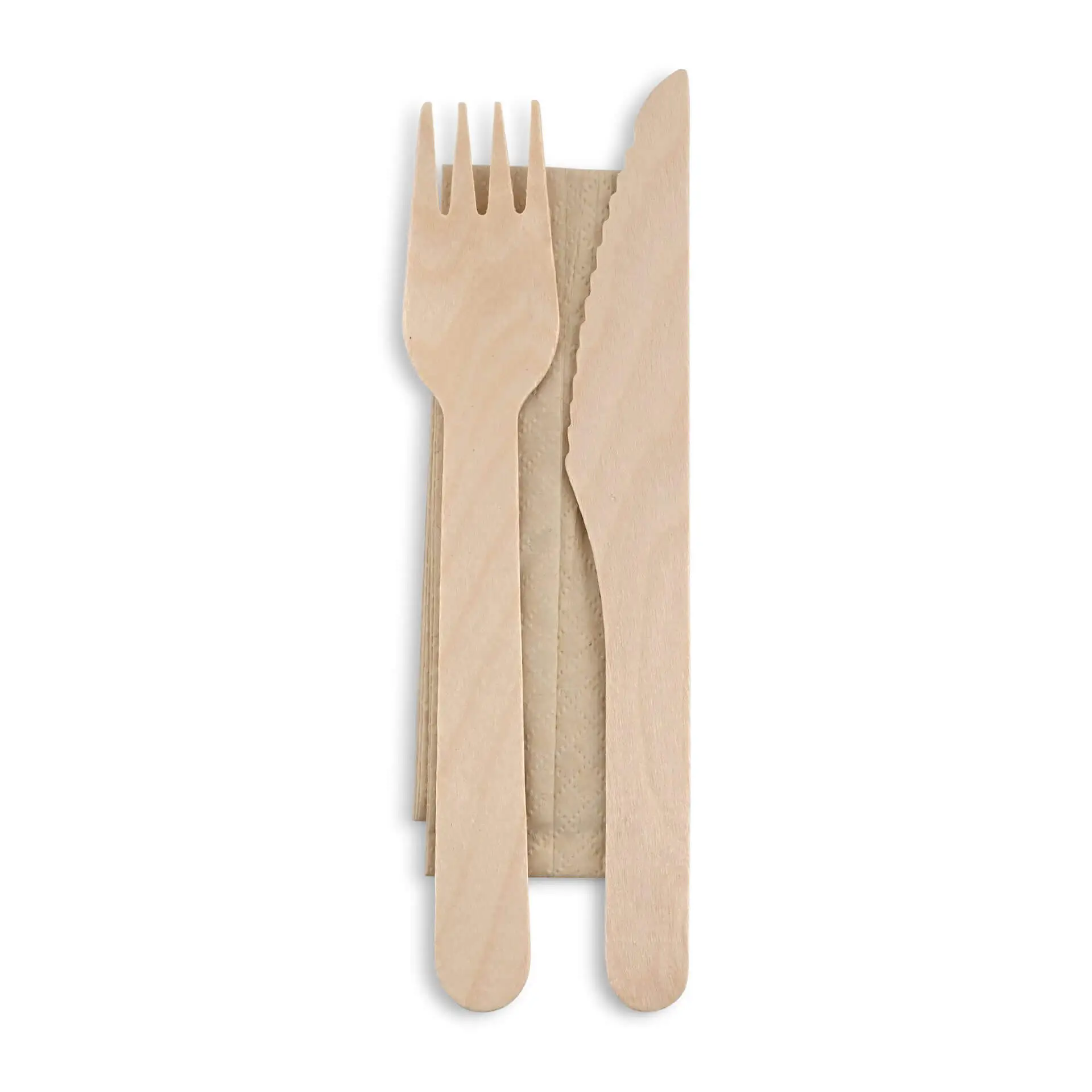 Wooden cutlery sets knife, fork & serviette, 16 cm bio-based coating