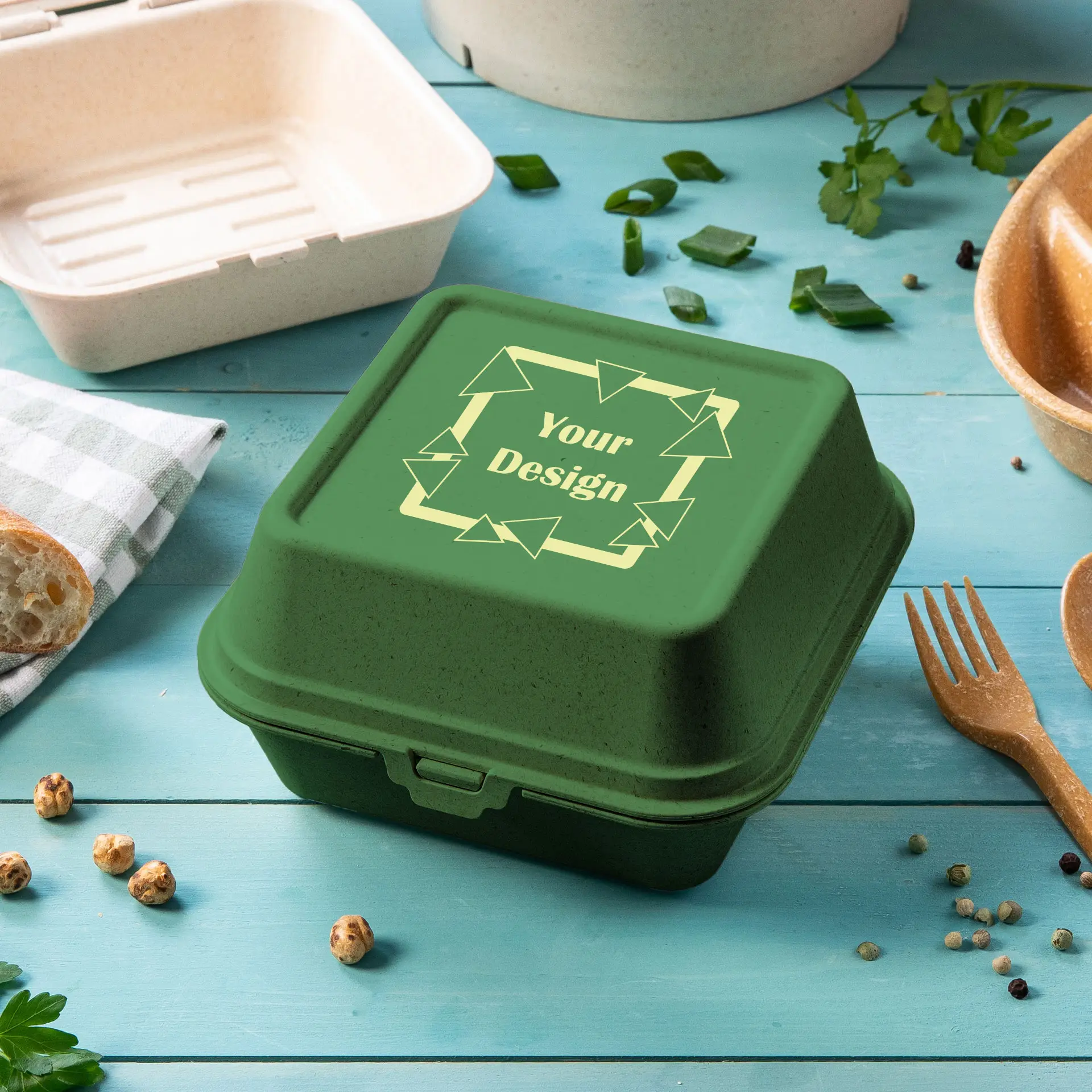 Reusable burger boxes printing "merways Box"  (1 surface) 16 x 15 x 8.5 cm, spinach / dark green